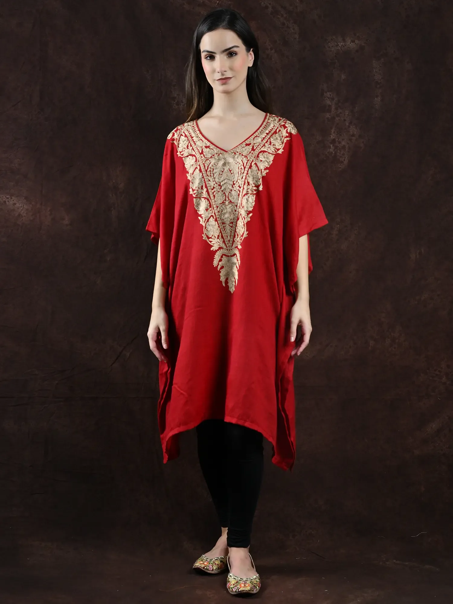 Pure Wool Kashmiri Short Kaftan with Tilla Embroidery on Neck