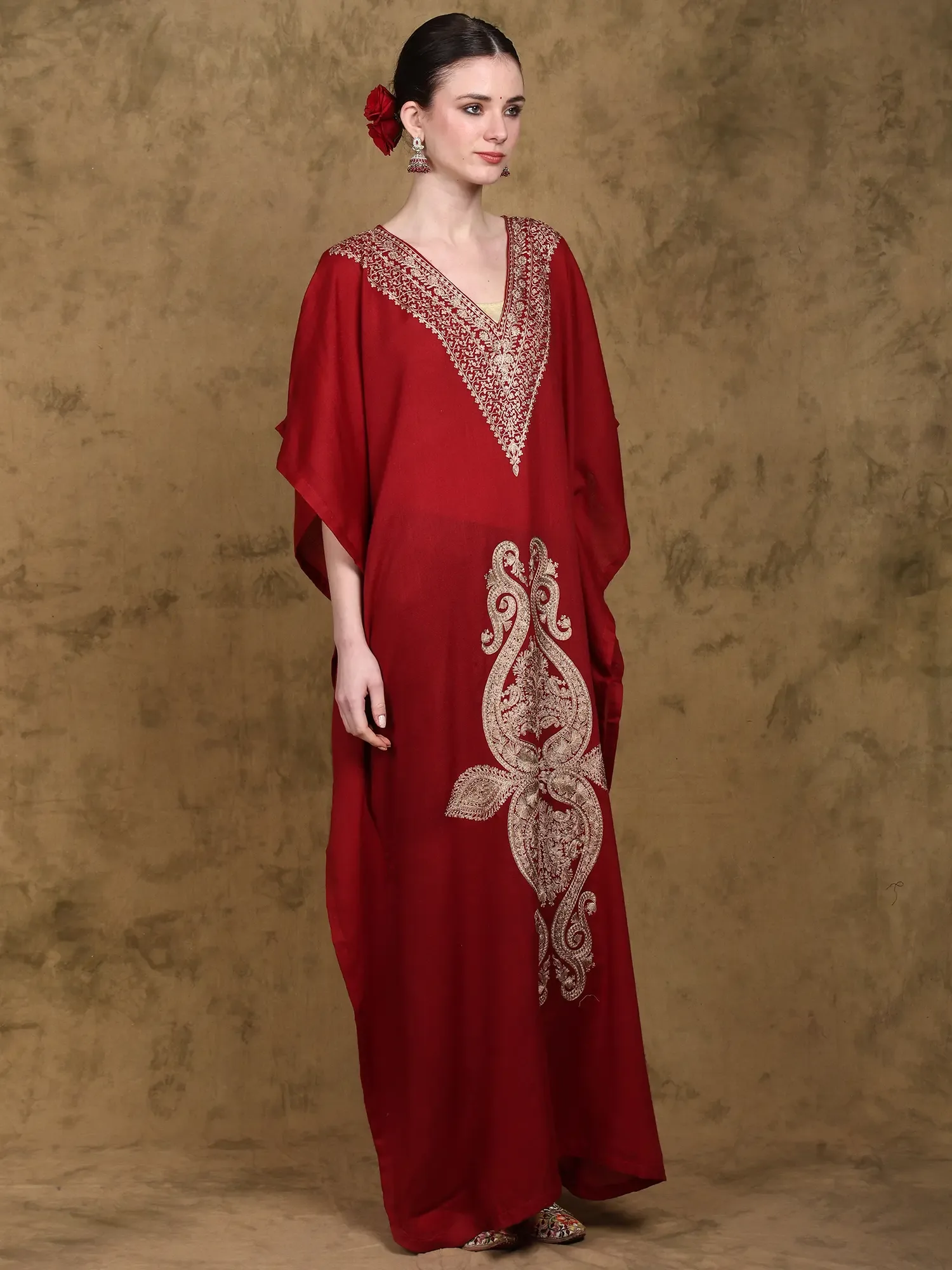 Pure Wool Long Kaftan from Kashmir with Tilla Embroidered Paisleys, alternate view