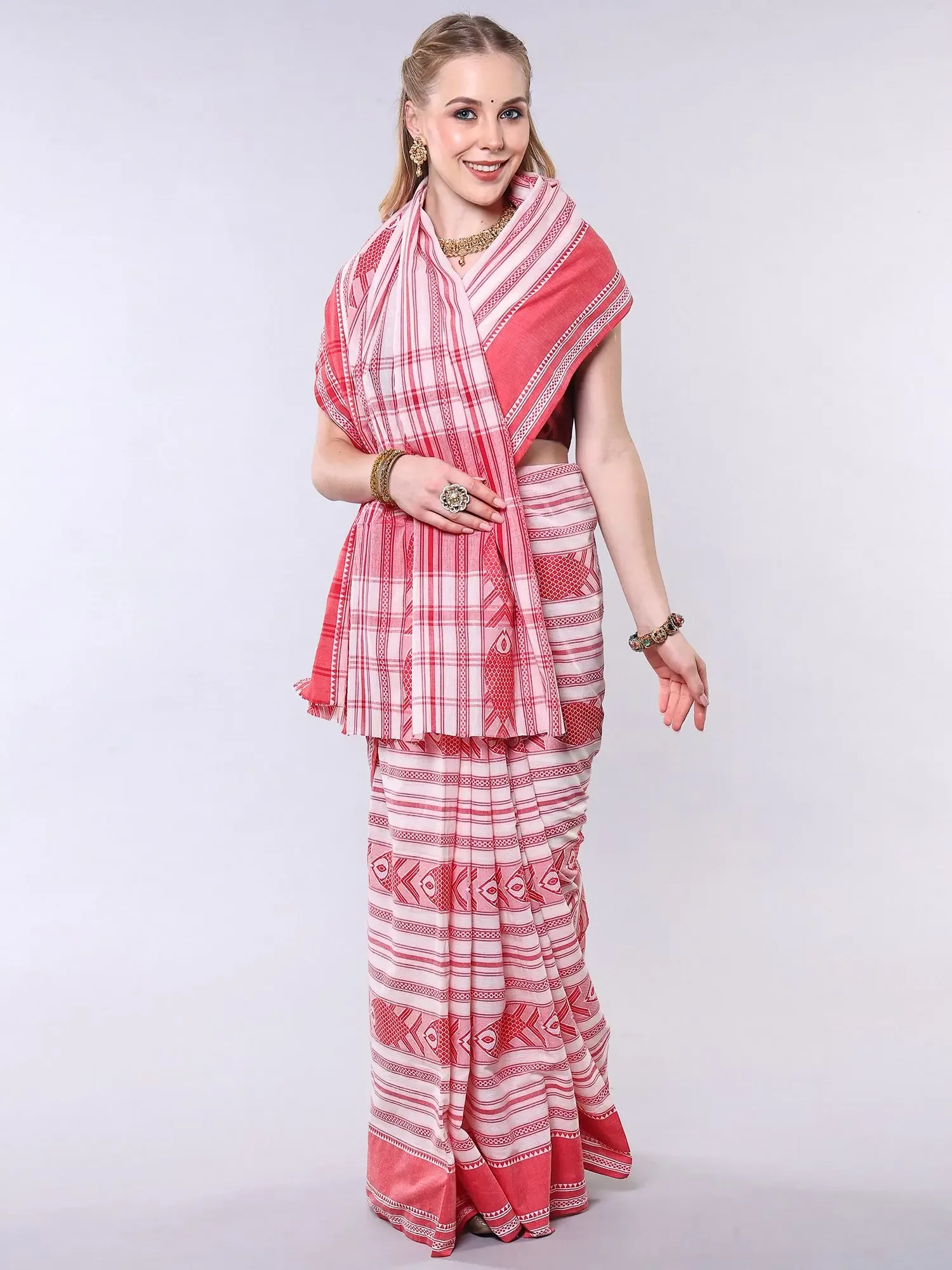 Red and White Cotton Saree with Thread Woven Fish and Stripe from Bengal