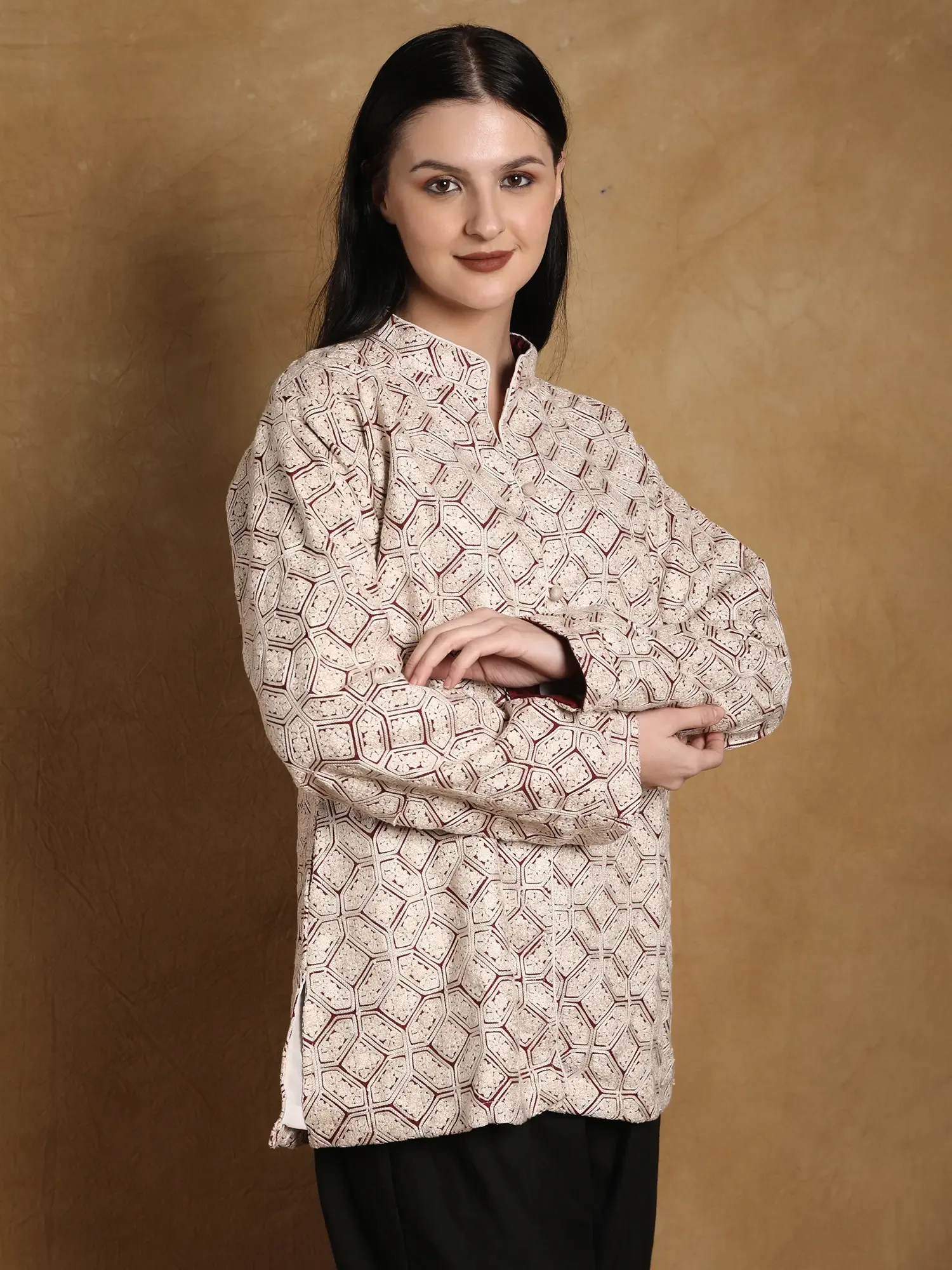 Red-Pear Art Silk Short Jacket from Kashmir with Aari Embroidery All-Over, alternate view