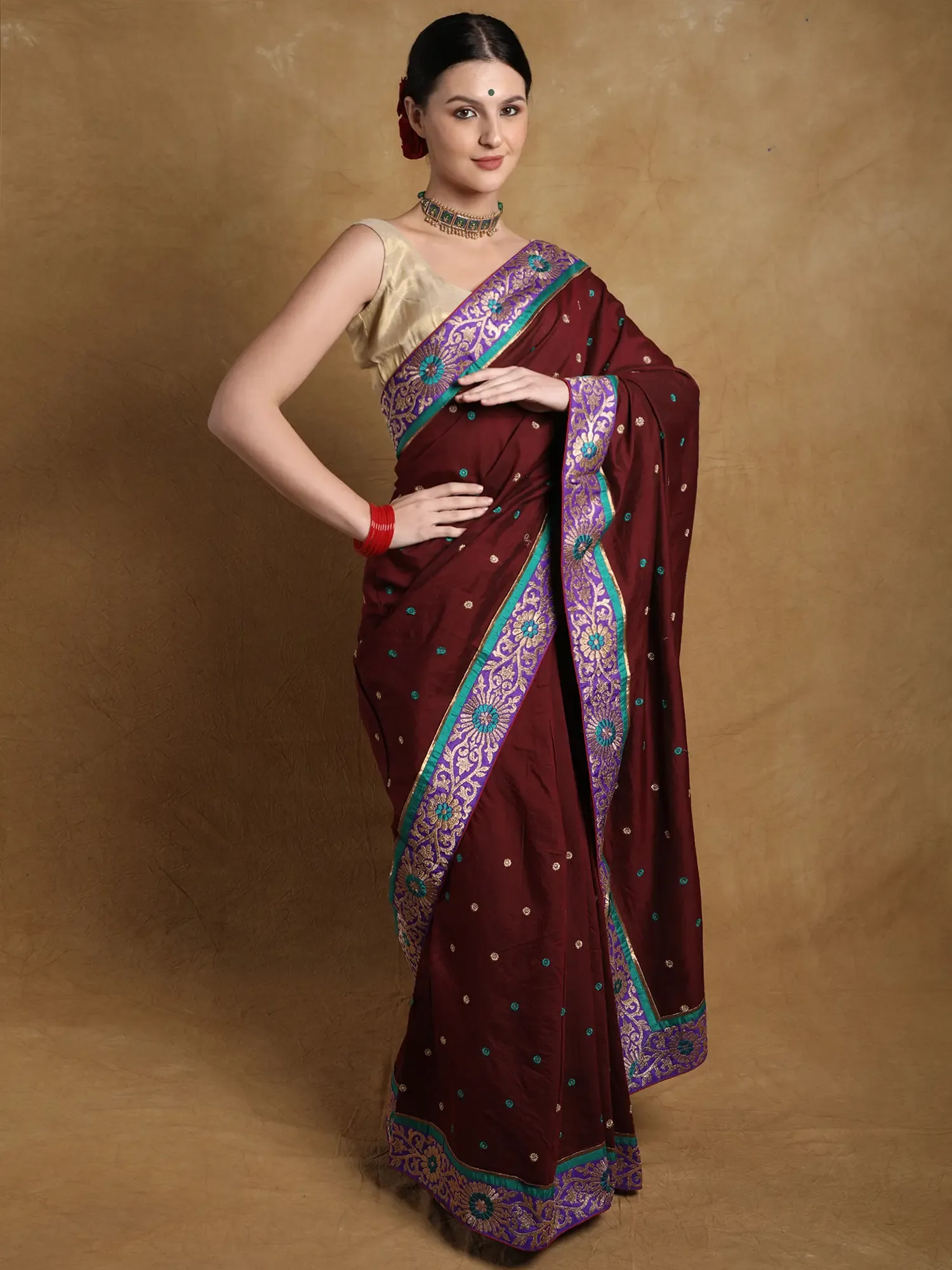 Red-Pear Saree with Zari Embroidered Bootis and Floral Patch Border, alternate view