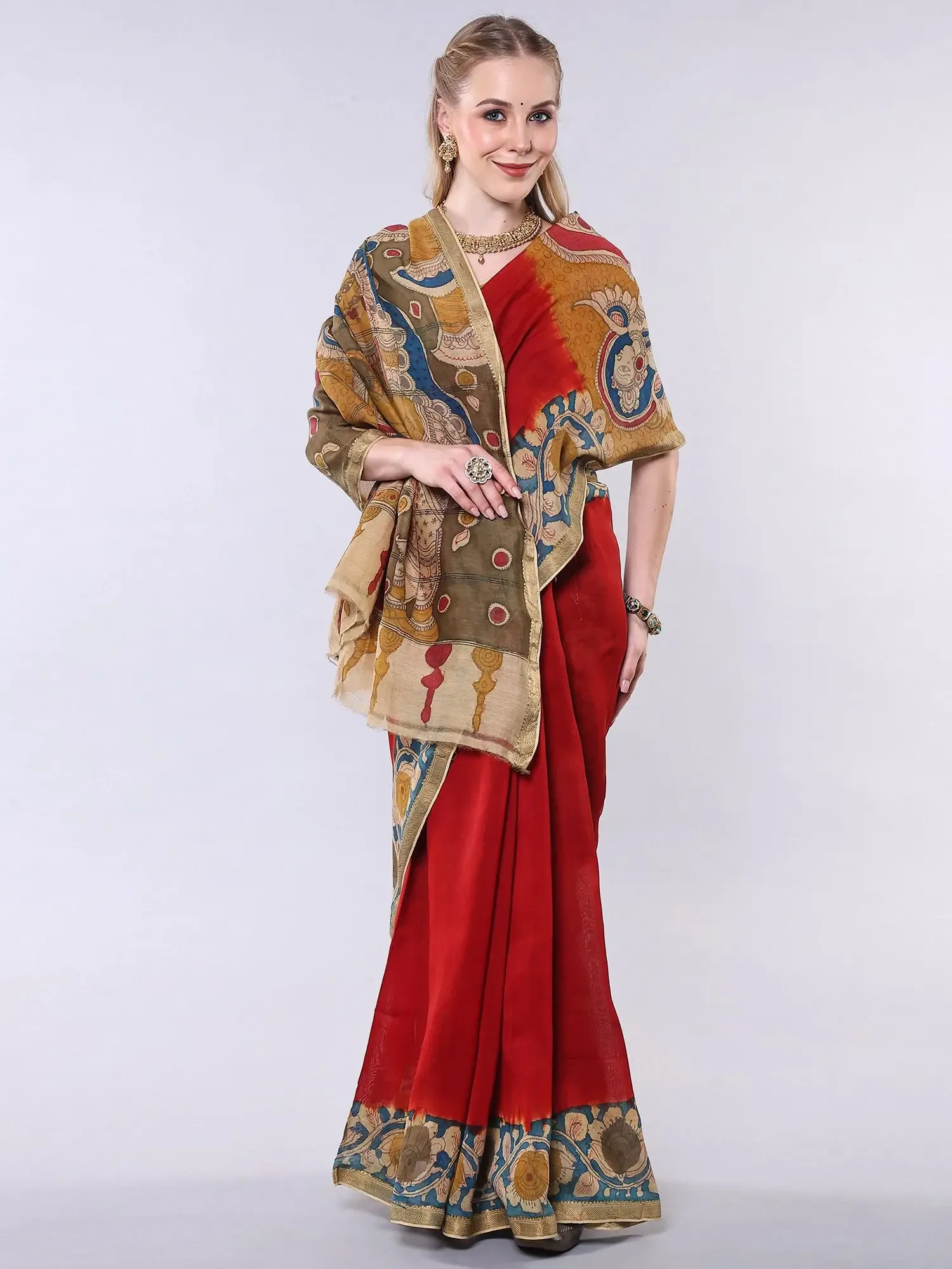 Ribbon-Red Pure Cotton Kalamkari Saree with Printed Sita-Ram Swayamvar and Zari work Border, alternate view