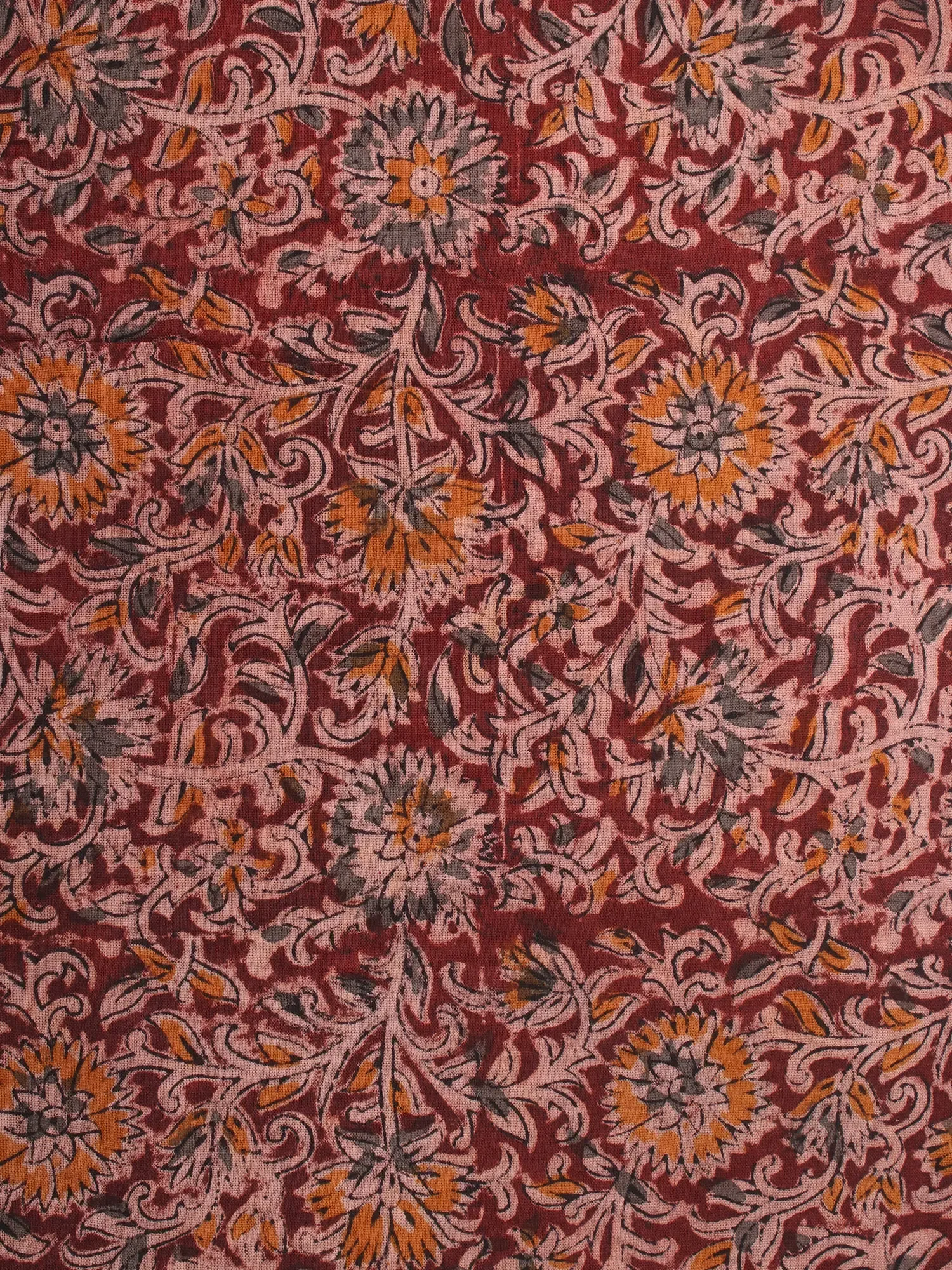 Rusty-Maroon Pure Cotton Fabric with Kalamkari Block Print, alternate view