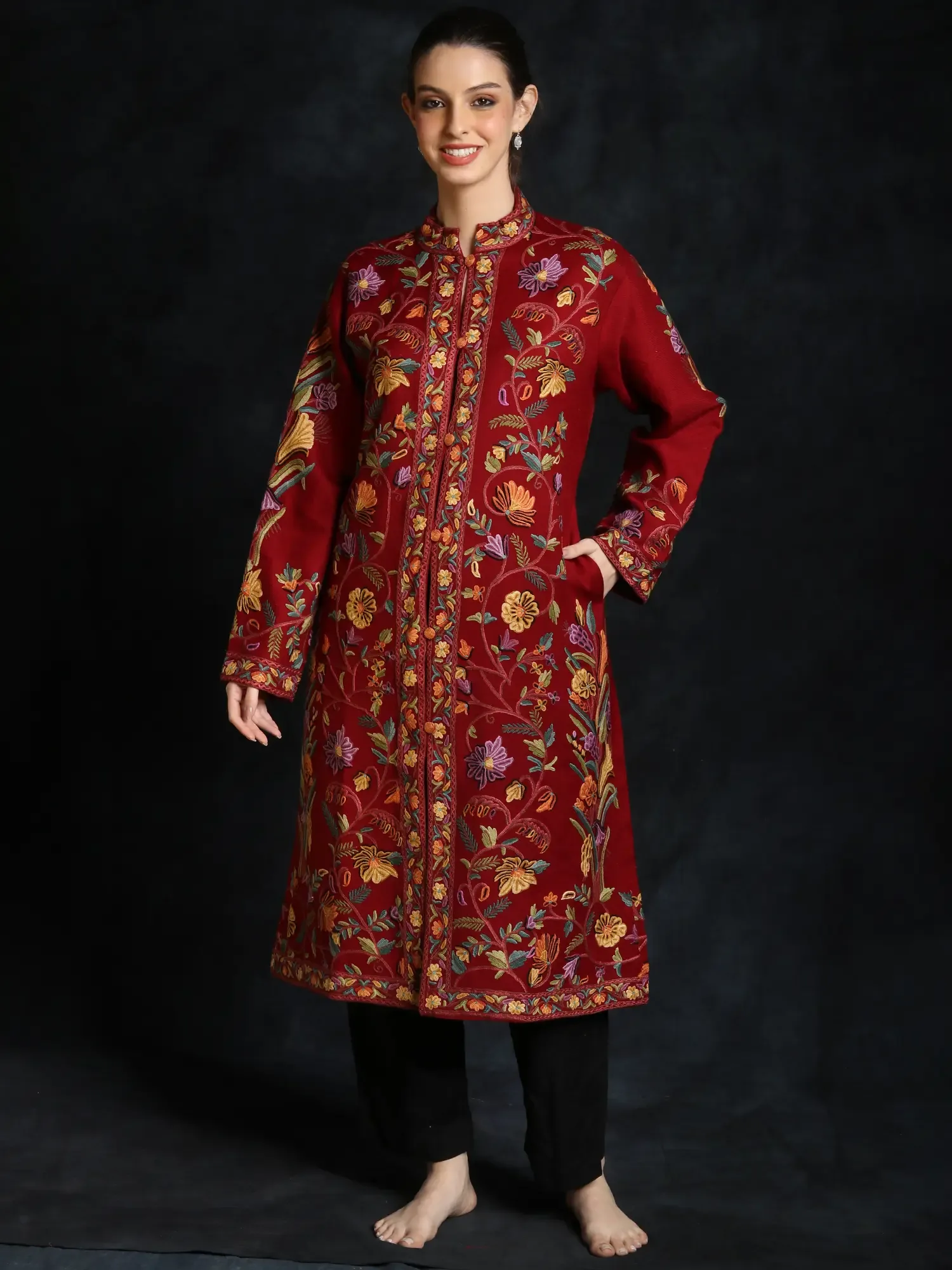 Rythmic-Red Pure Wool Long Jacket from Kashmir with Aari-Embroidery