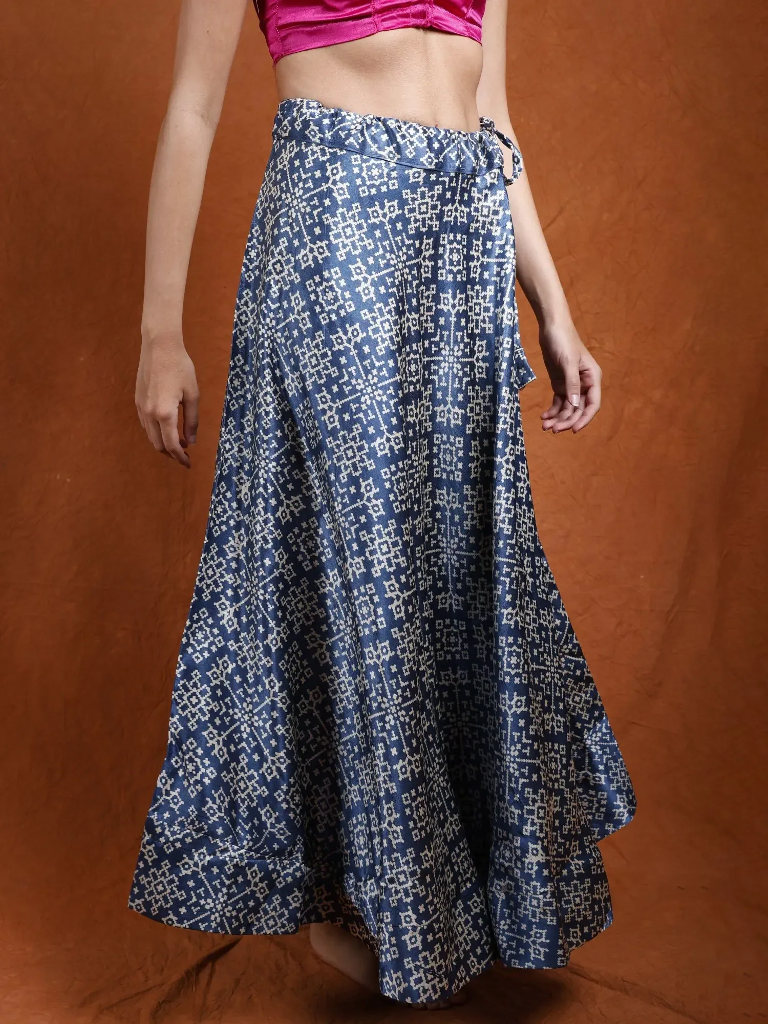 Satin A-Line Printed Long Skirt from Kutch with Dori Waist, alternate view