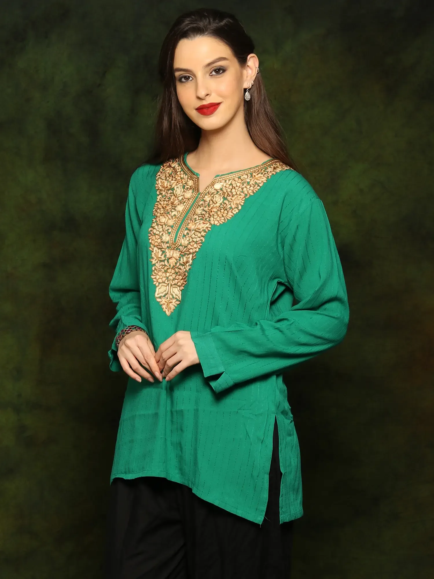 Sea Green Rayon Kurti with Detailed Floral Embroidery on Neck from Kashmir, alternate view
