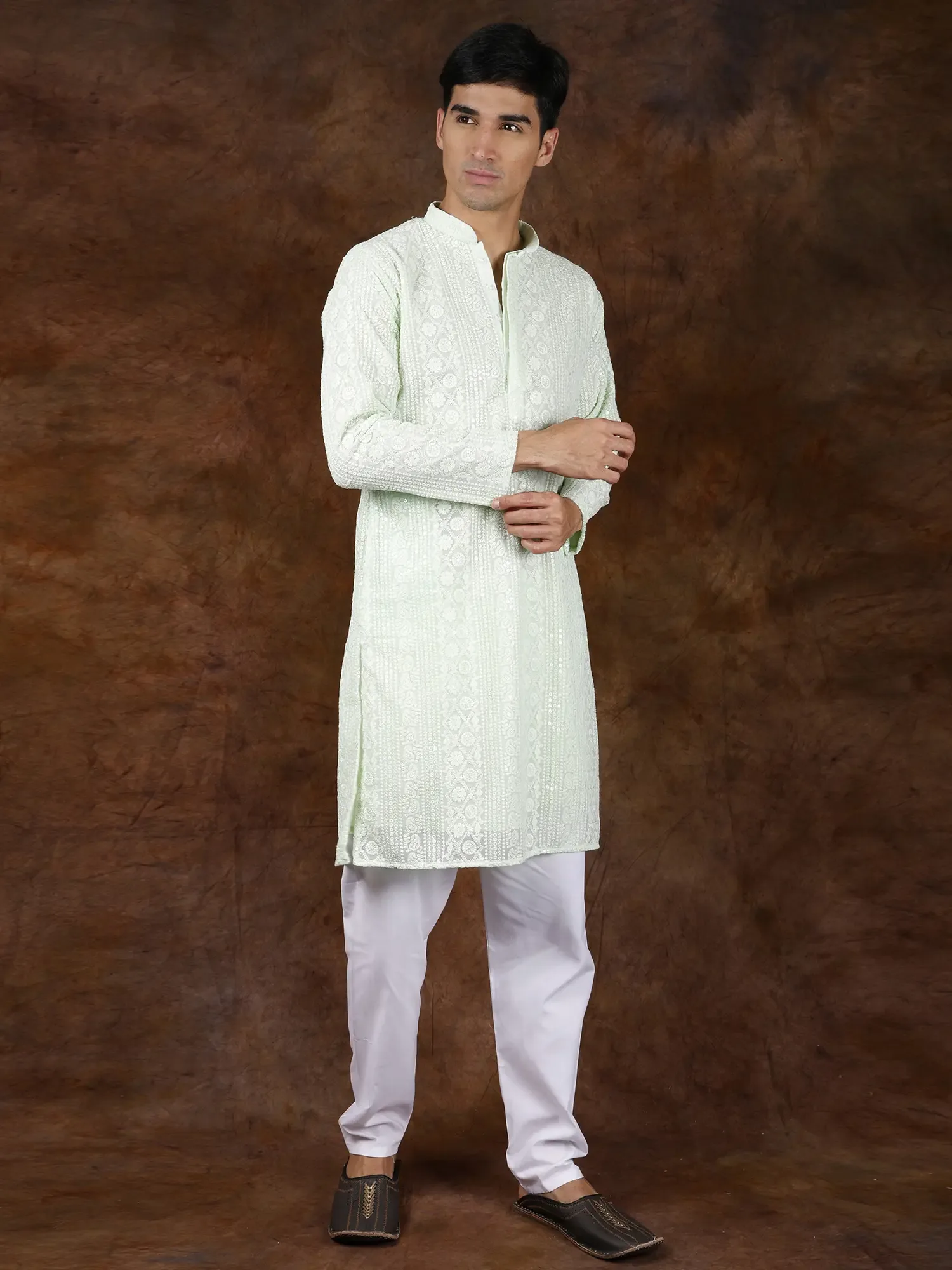 Seafoam-Green Lukhnavi Chikankari Embroidered Kurta Pajama with Sequin Work, alternate view