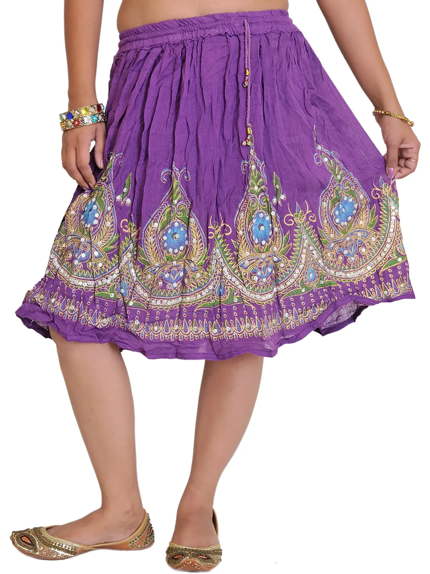 Short Skirt with Printed Flowers and Embroidered Sequins