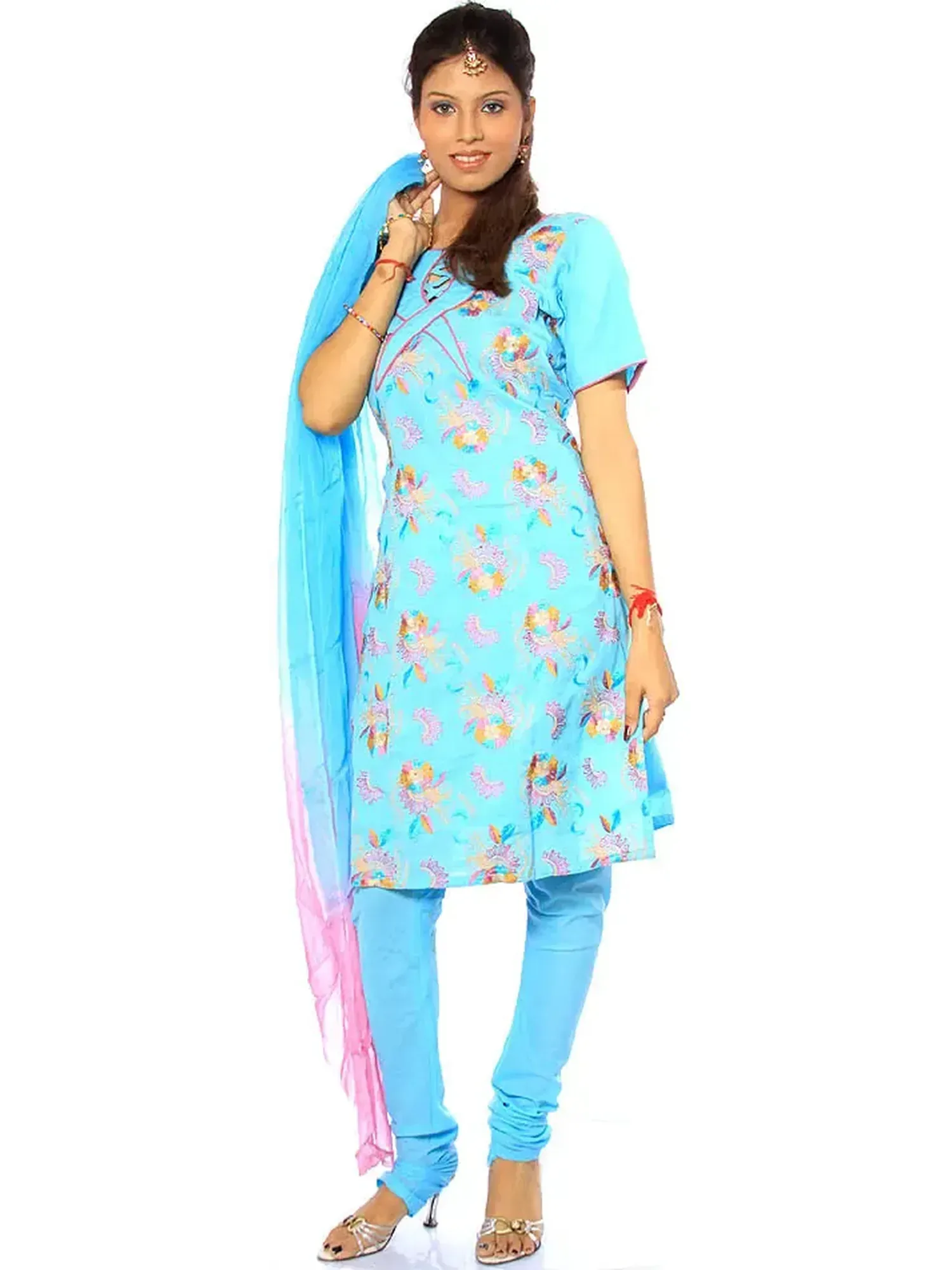 Sky-Blue Salwar Kameez with Floral Embroidery & Sequins – Elegant & Stylish Design