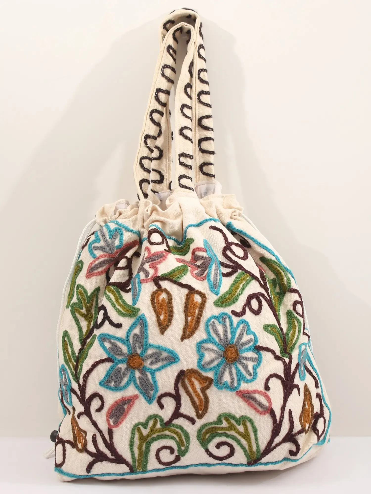Snow-White Drawstring Potli Bags with Crewel Embroidered Flowers
