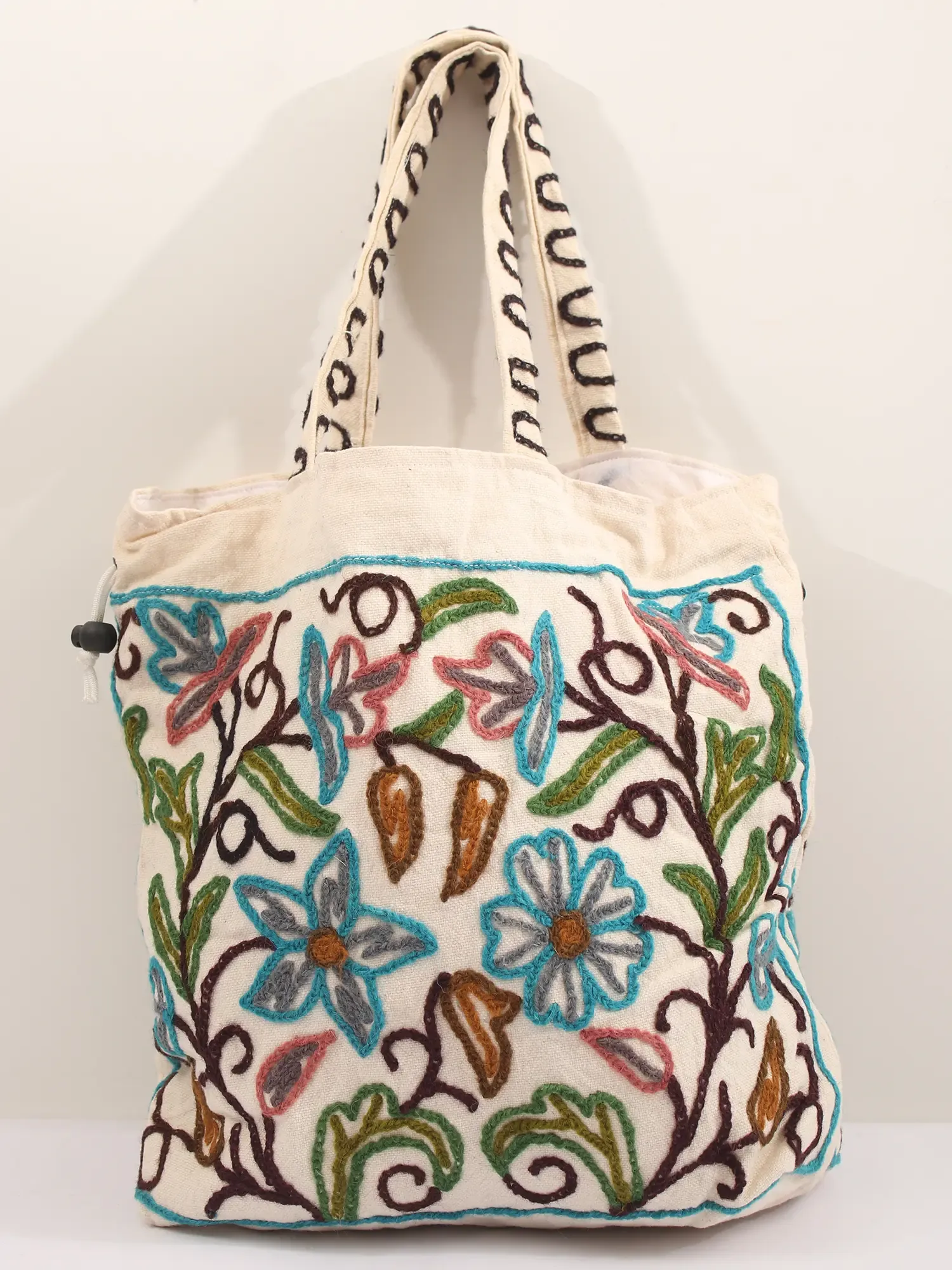 Snow-White Drawstring Potli Bags with Crewel Embroidered Flowers, alternate view