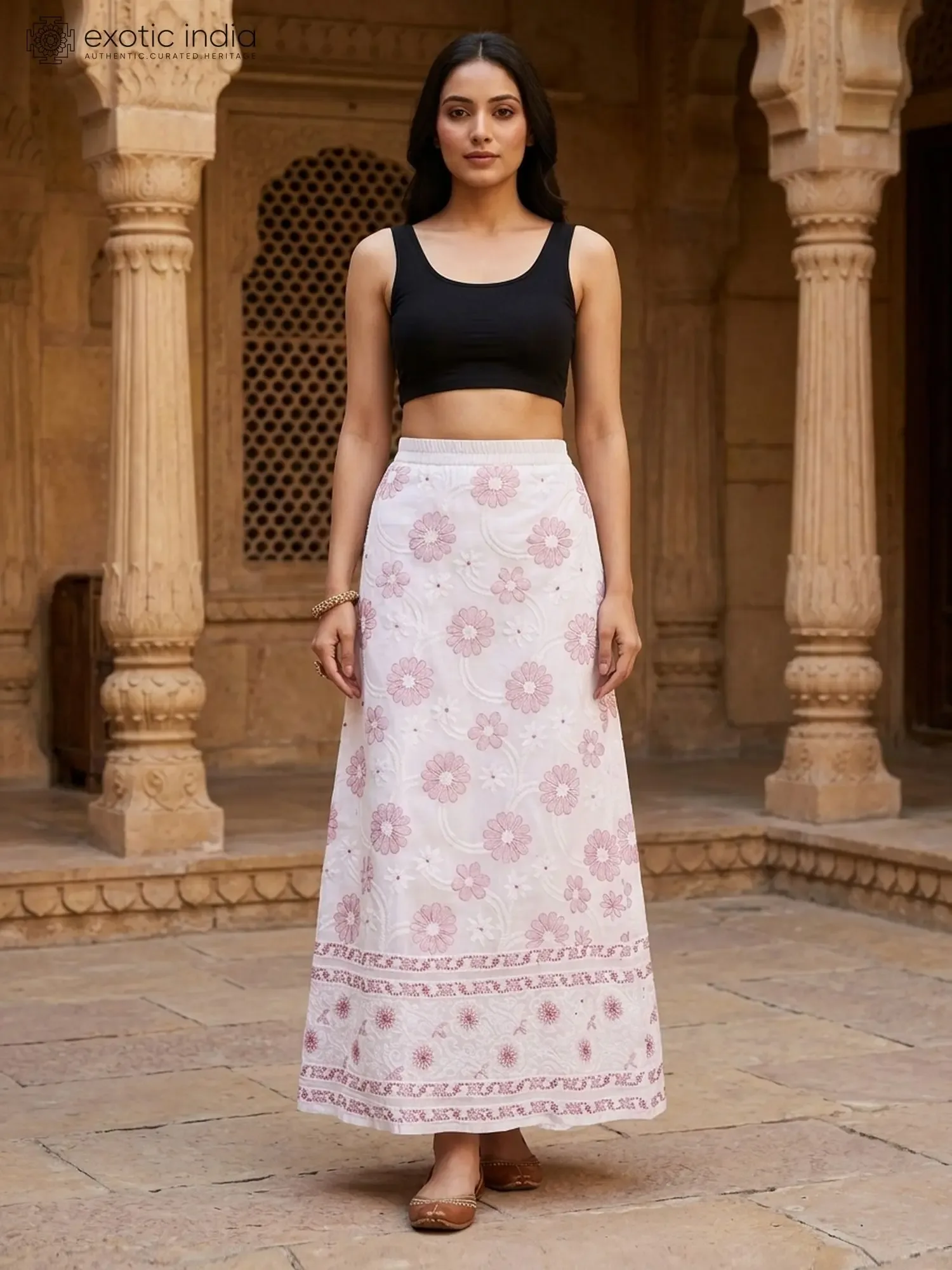 Snow-White Pure Cotton Long Skirt with Floral Lukhnavi Chikankari Embroidery by Hand