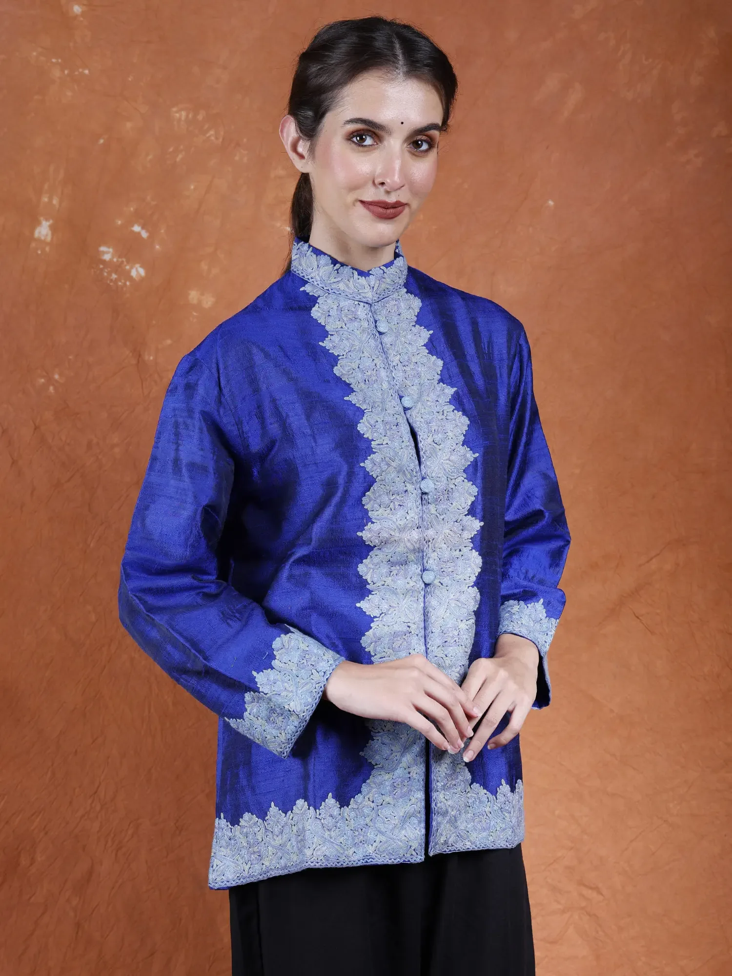 Sodalite-Blue Matka-Silk Plain Short Jacket from Kashmir with Aari Embroidery on Neck, alternate view