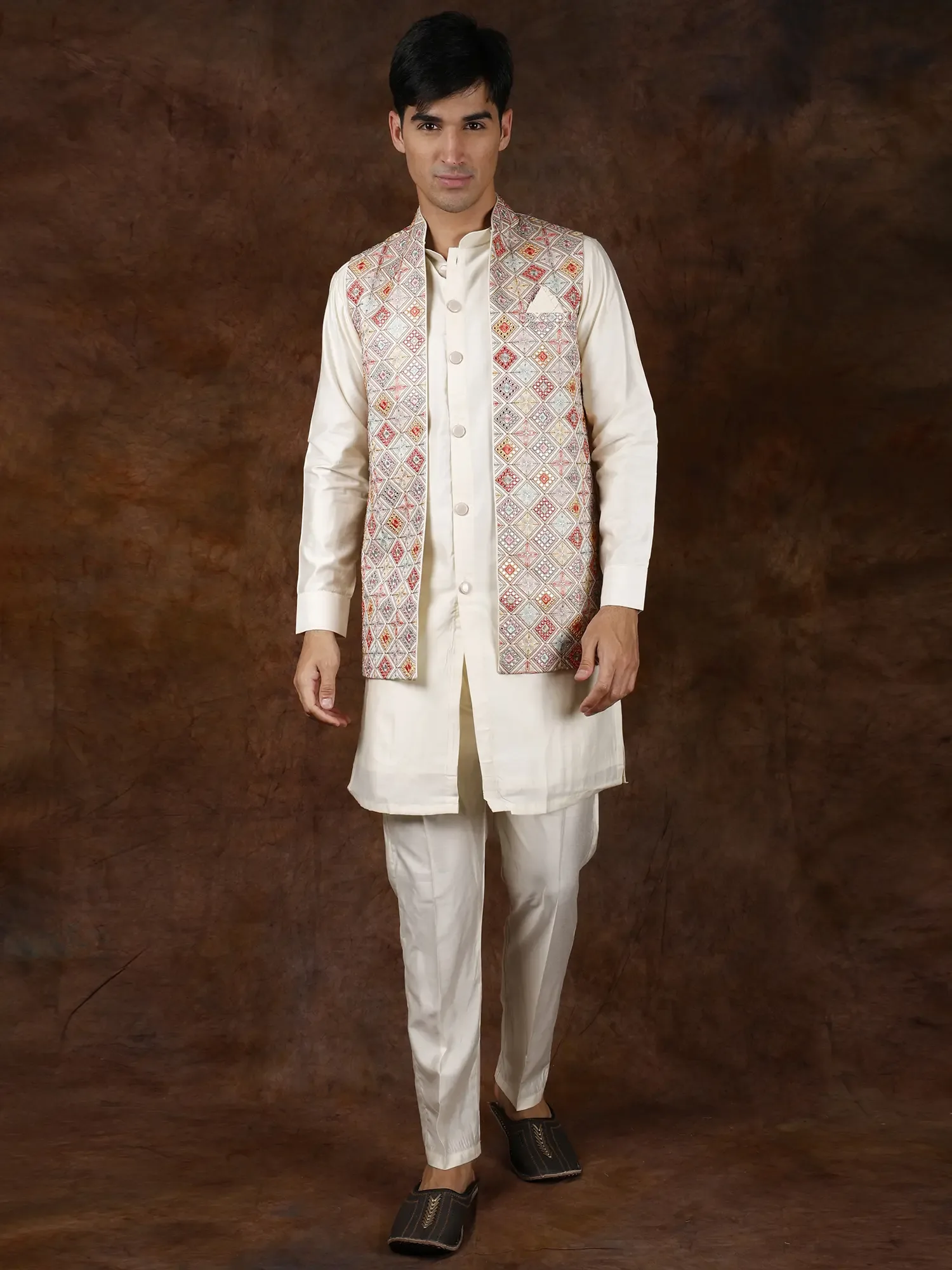 Solitary-Star Three Piece Kurta Pajama Set with Front Open Waistcoat and Meenakari Embroidery