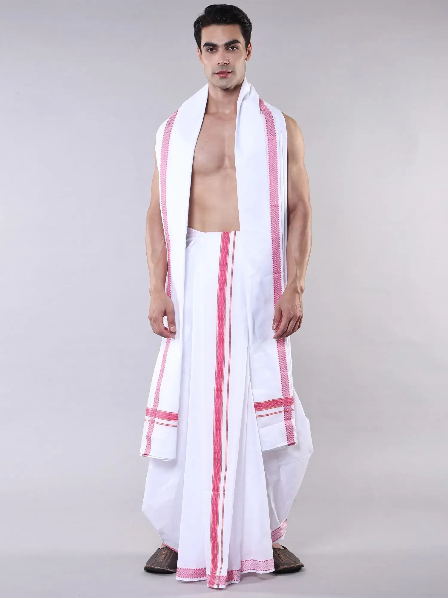 Star-White Pure Cotton Dhoti and Angavastram Set with Thread woven Border