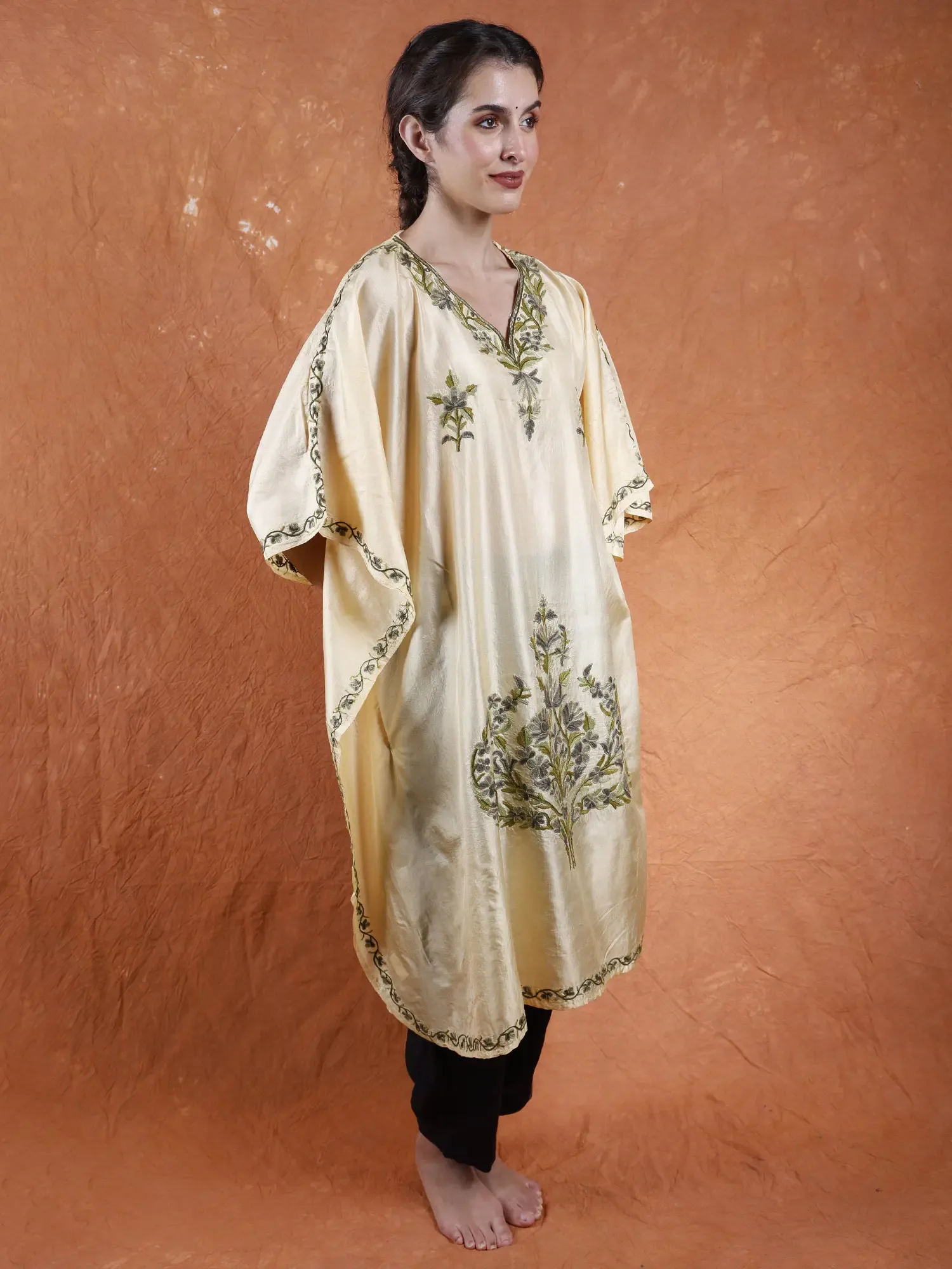 Summer-Melon Pure Silk Short Kaftan from Kashmir with Floral Aari Embroidery by Hand, alternate view