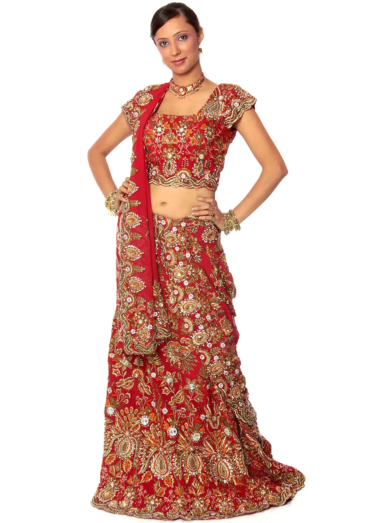 Three-Piece Bridal Red Lehenga With Dense Zardozi All Over