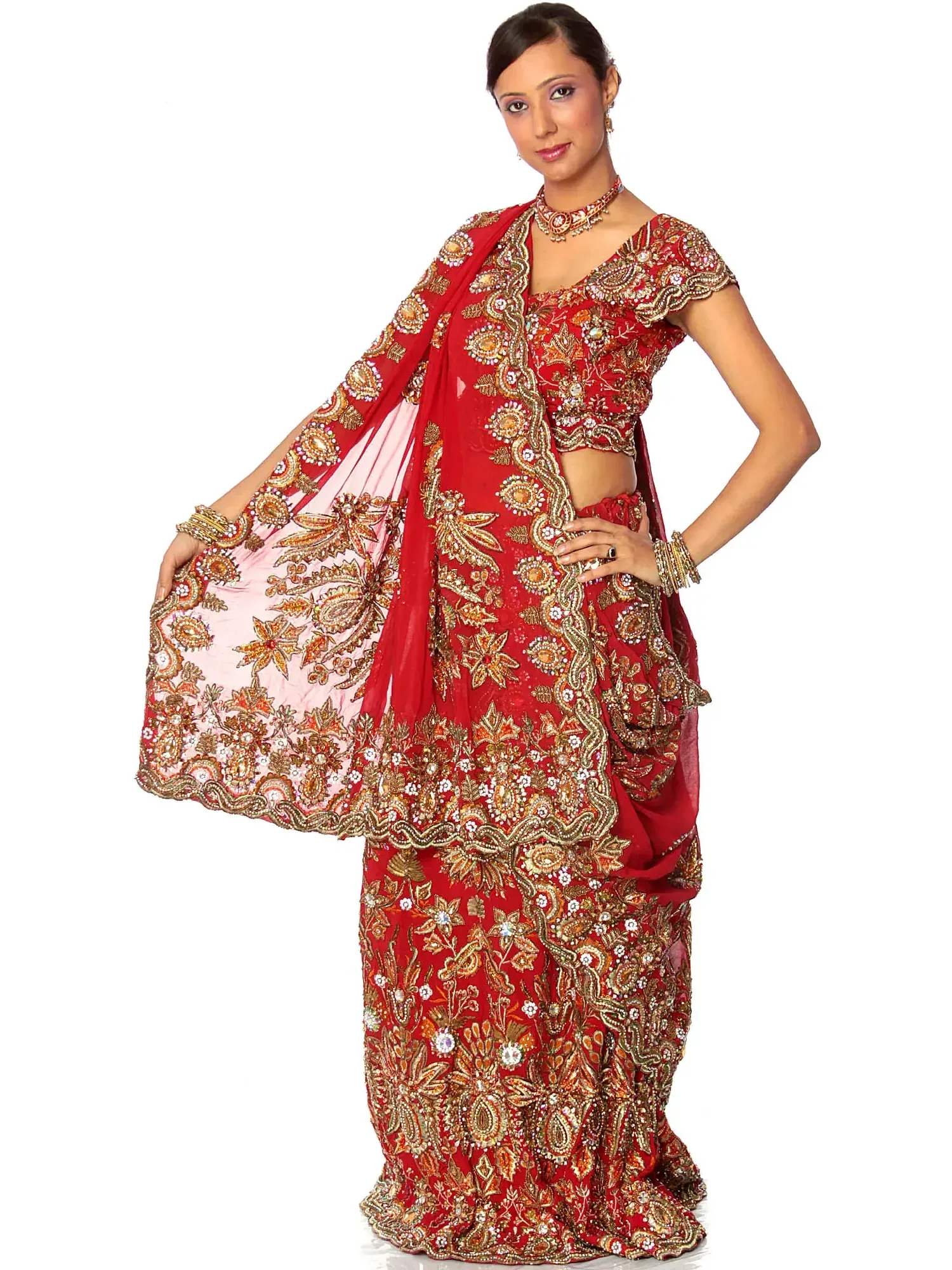 Three-Piece Bridal Red Lehenga With Dense Zardozi All Over, alternate view