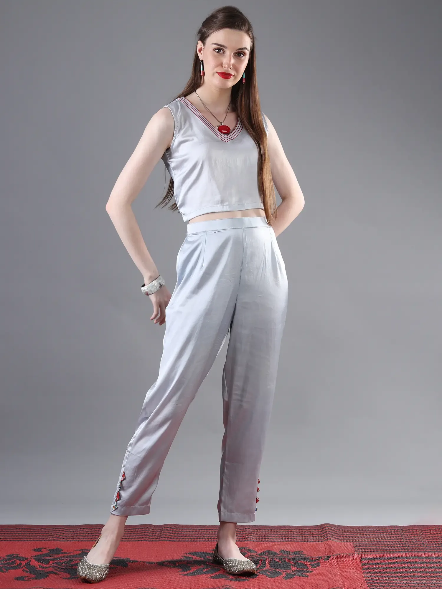 Three Piece Set Cotton Multicolor Kalka Printed Long Jacket With Silver-Grey Satin Crop-top And Pant, alternate view