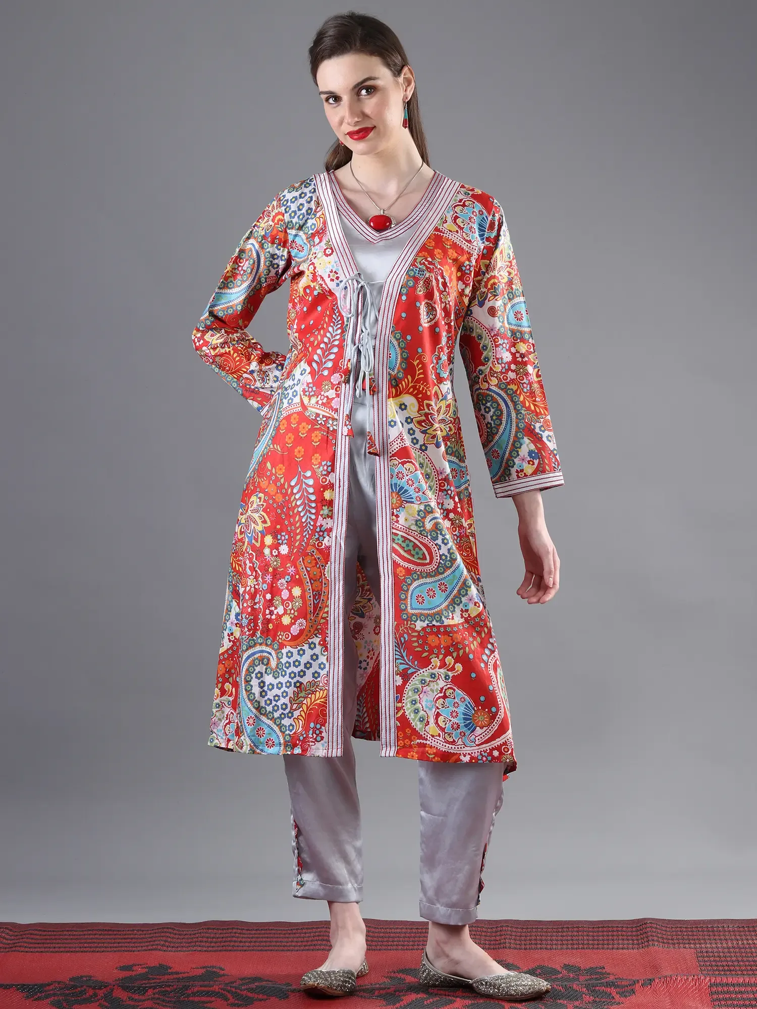 Three Piece Set Cotton Multicolor Kalka Printed Long Jacket With Silver-Grey Satin Crop-top And Pant