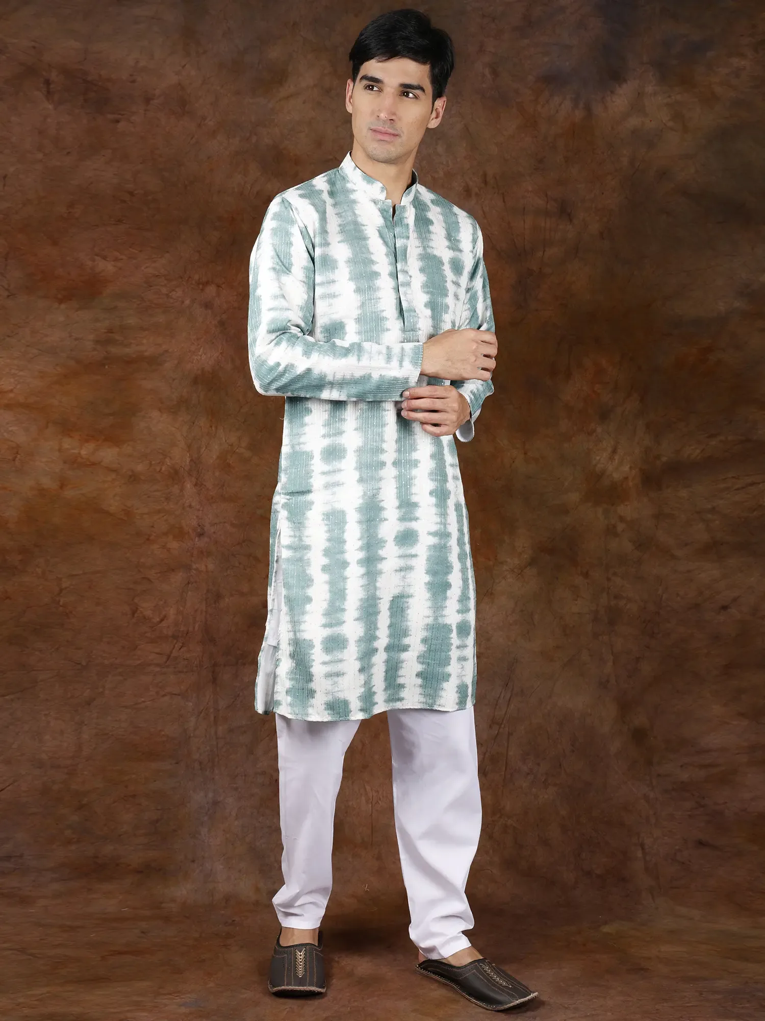 Tie-Dye Printed Kurta Pajama Set with Sequins and Straight Stitch Embroidery, alternate view
