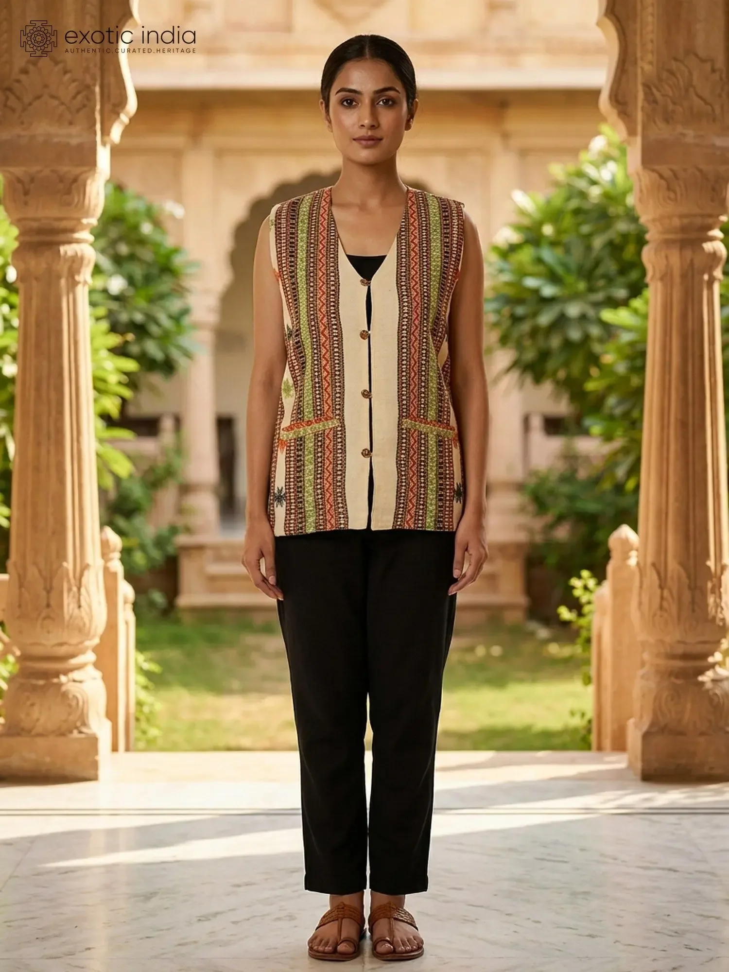 Transparent-Yellow Embroidered Sleeveless Jacket from Kutch with Mirrors work