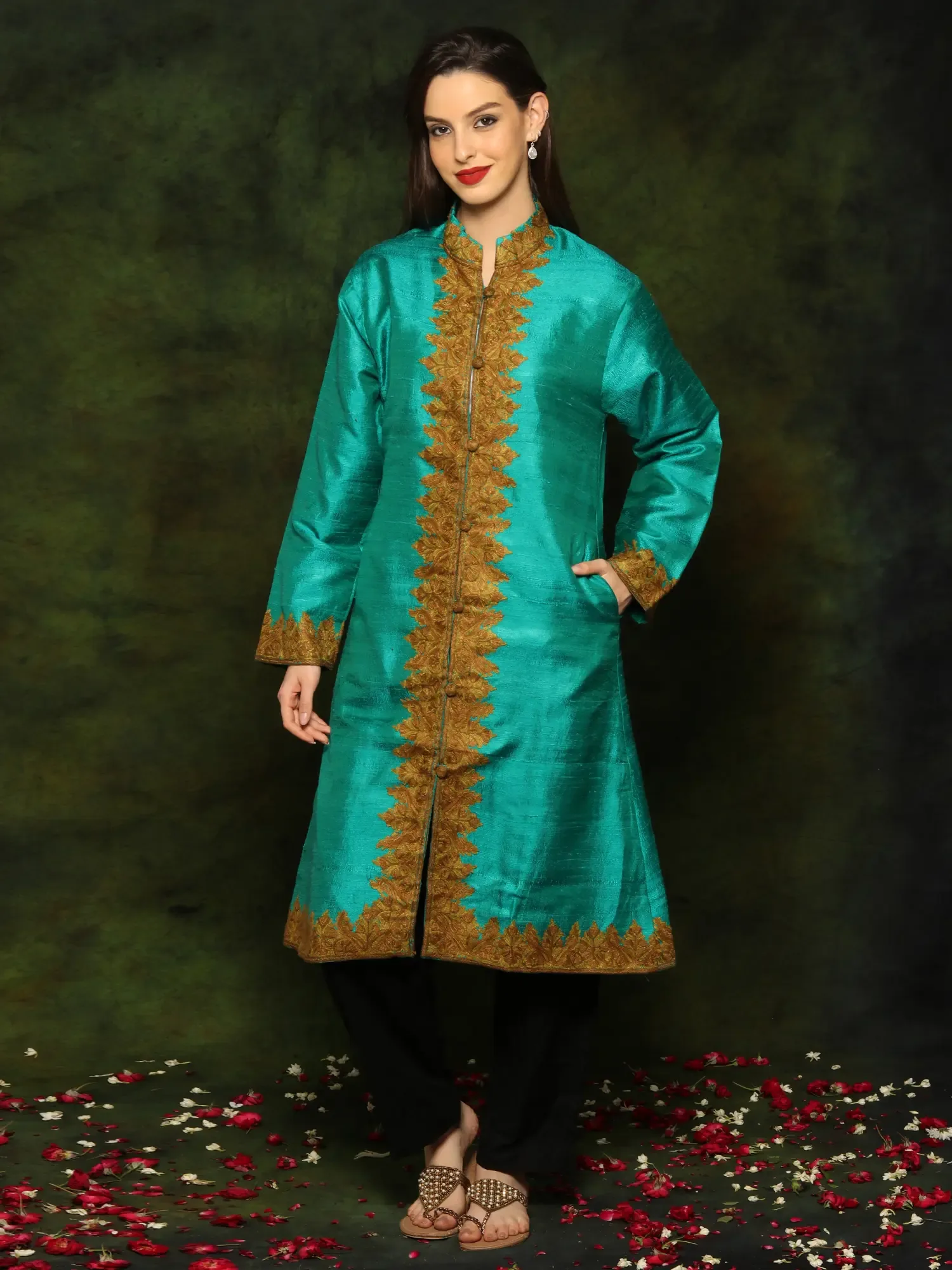 Turqoise Silk Long Jacket with Detailed Floral and Paisley Red Aari Embroidery From Kashmir