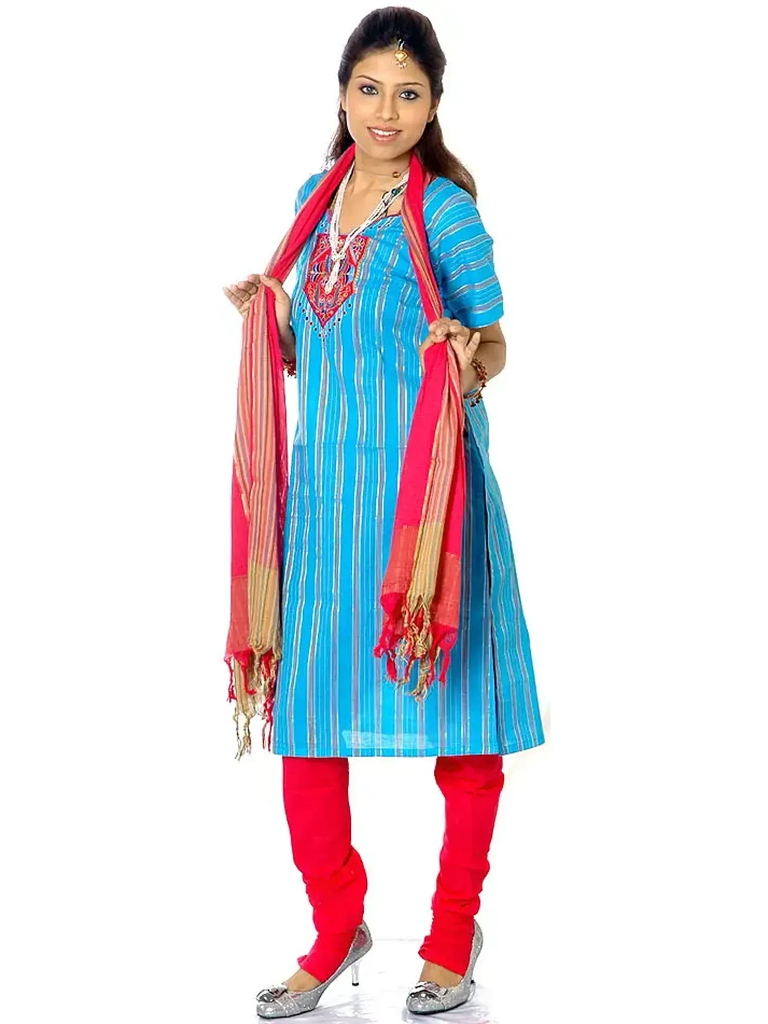 Turquoise and Magenta South-Cotton Suit with Embroidery on Neck