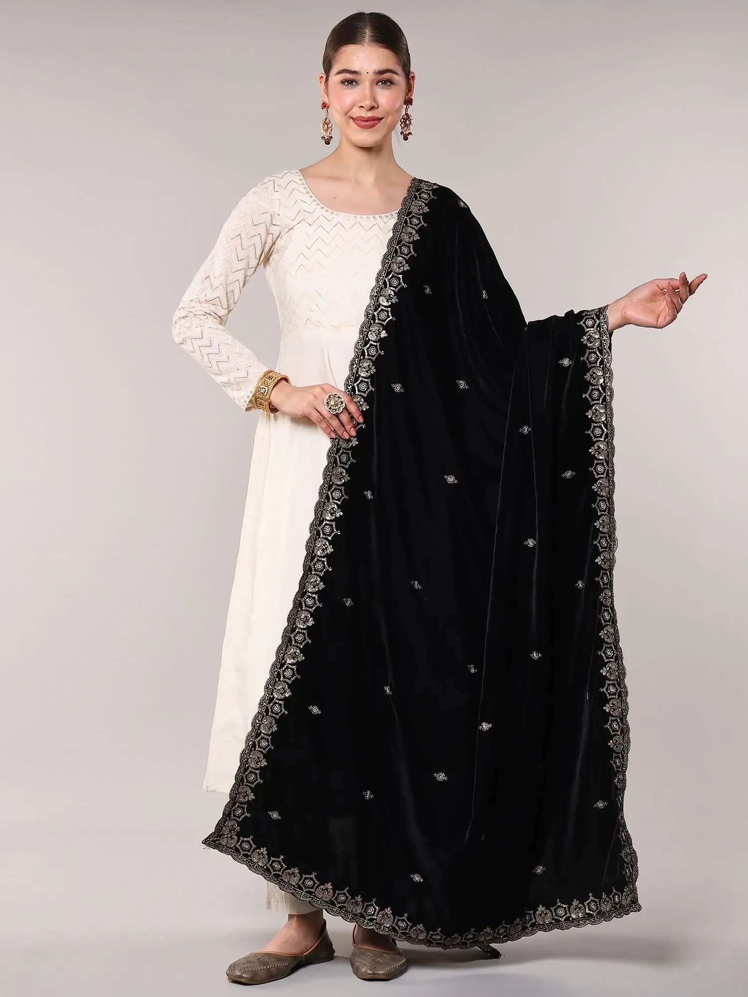 Velvet Dupatta from Amritsar with Golden Thread Embroidered Bootis and Scalloped Border