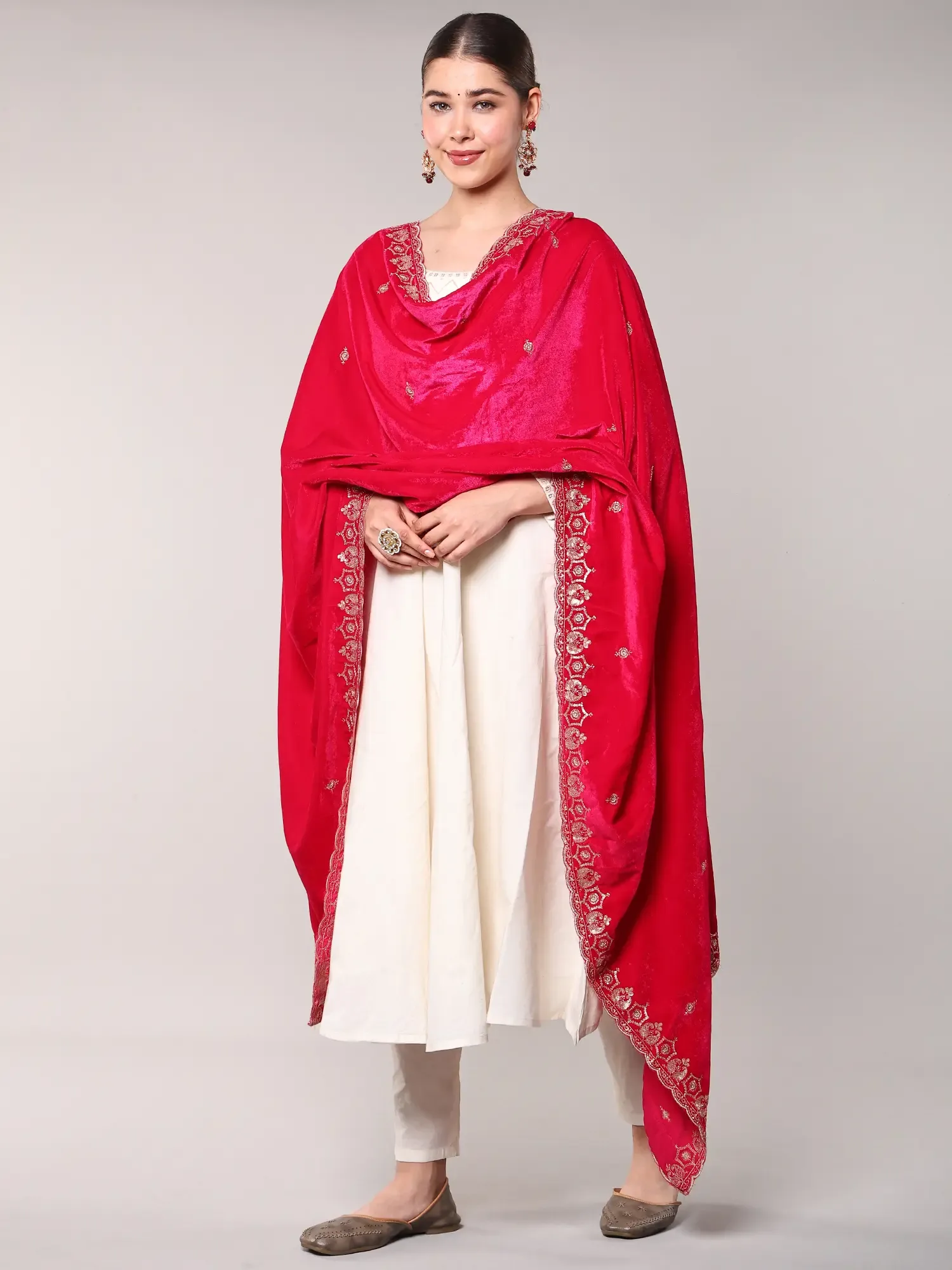 Velvet Dupatta from Amritsar with Golden Thread Embroidered Bootis and Scalloped Border, alternate view