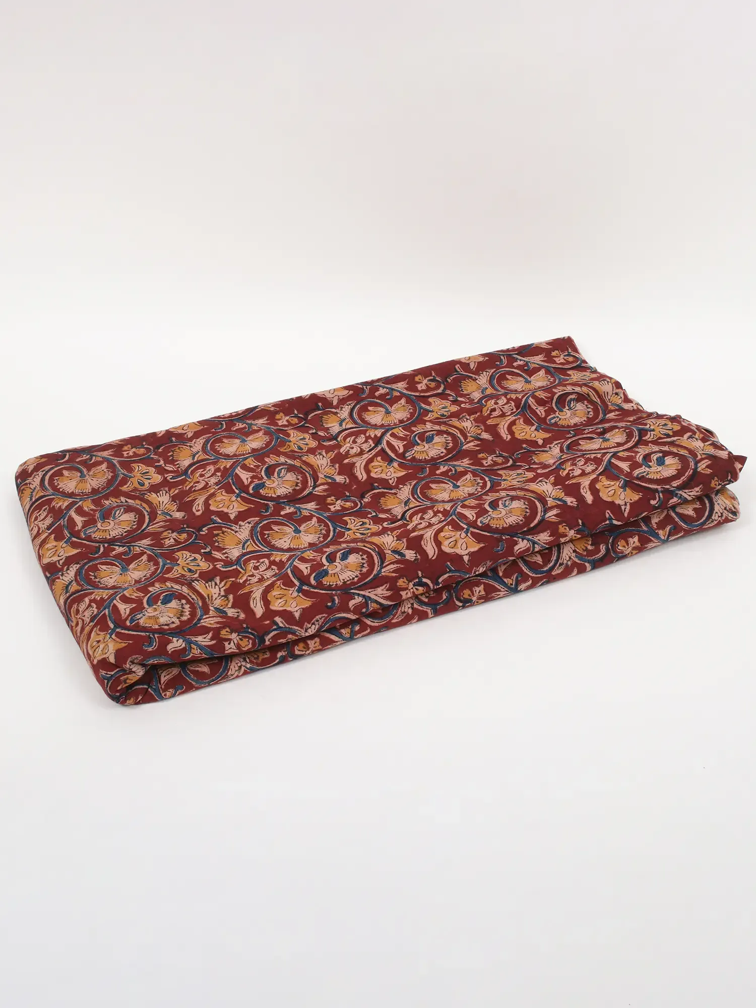 Wine-Red Pure Cotton Kalamkari Block Printed Fabric