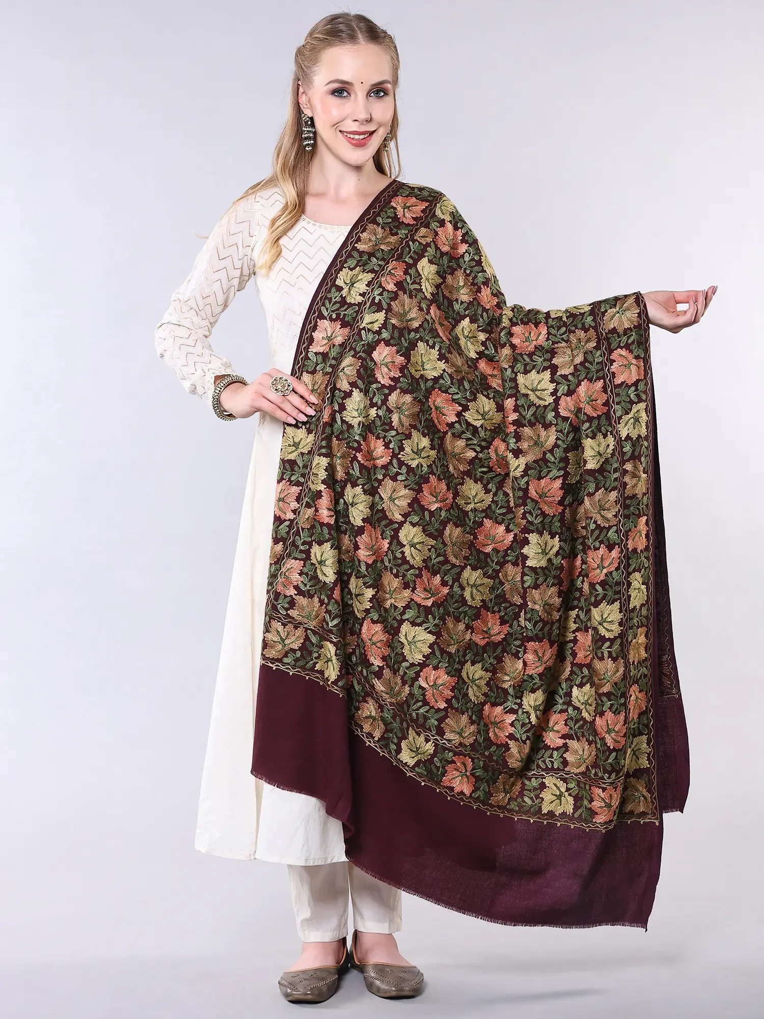 Wool Shawl from Punjab with Intricate Aari Embroidered Maple Leaves All-Over