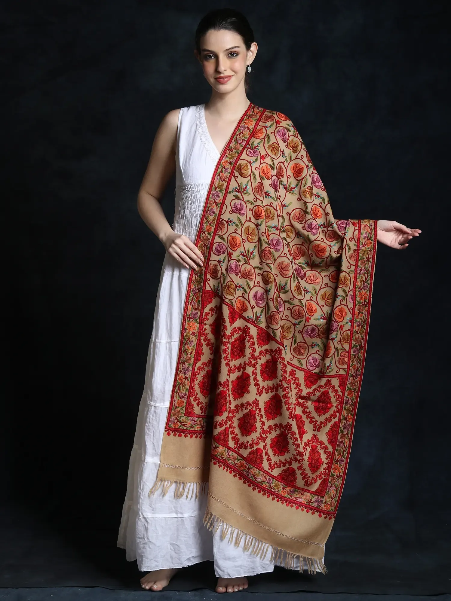 Woolen Detailed Multicolored Floral Jaal Pattern Fine Aari Embroidered Shawl from Kashmir