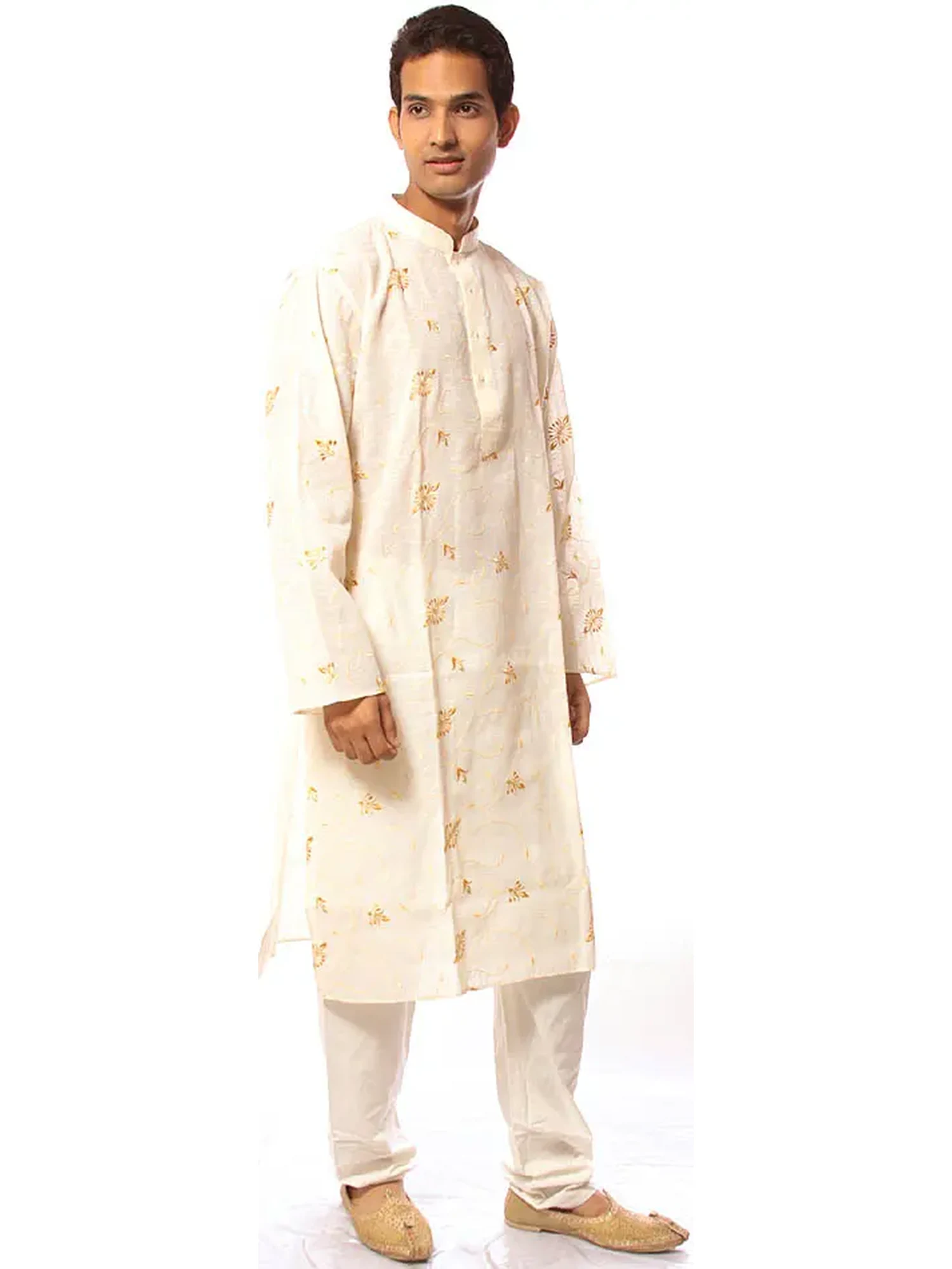 Cream Kurta Pajama with All-Over Crewel Embroidery