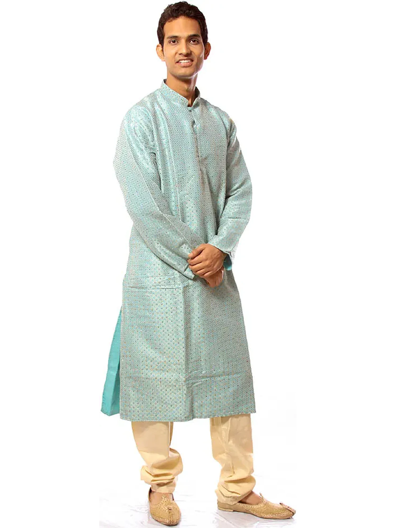Light-Blue Brocaded Kurta Set with All-Over Sequins and Beads