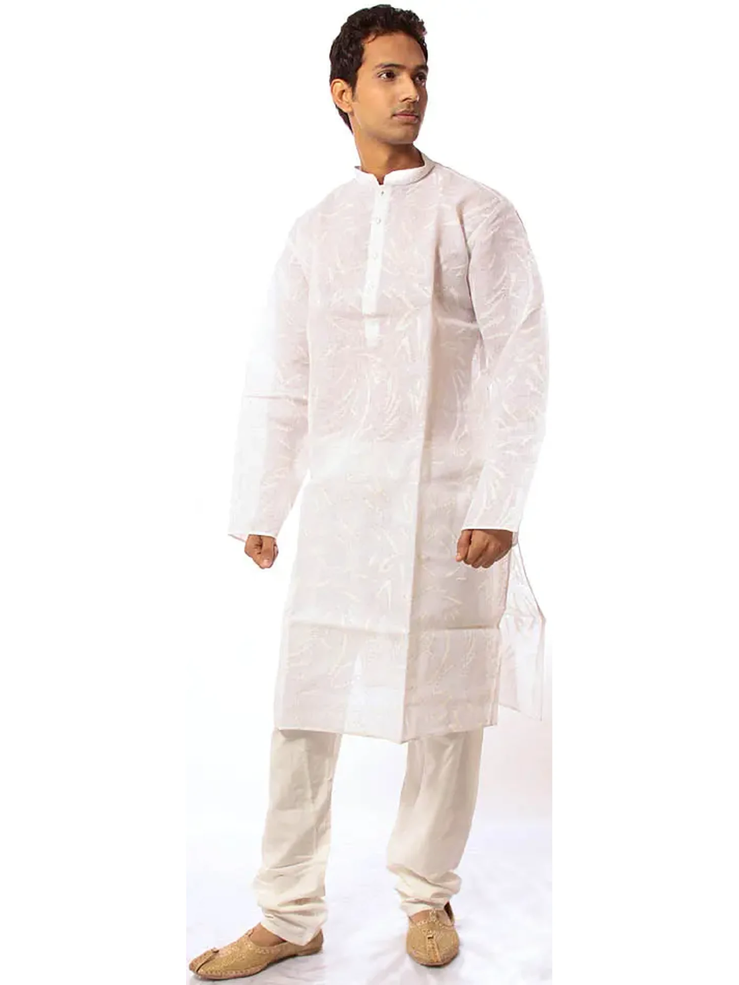 White Kurta Pajama with All-Over Design in Self