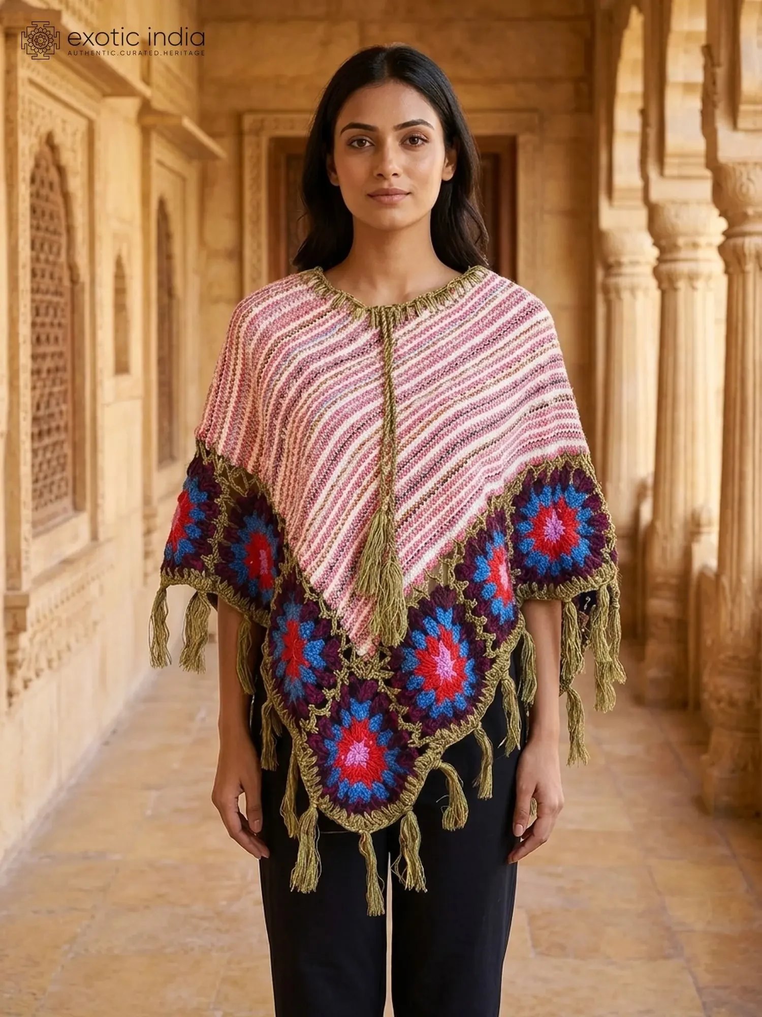 Multi Stripe Knitted Poncho with Fringes