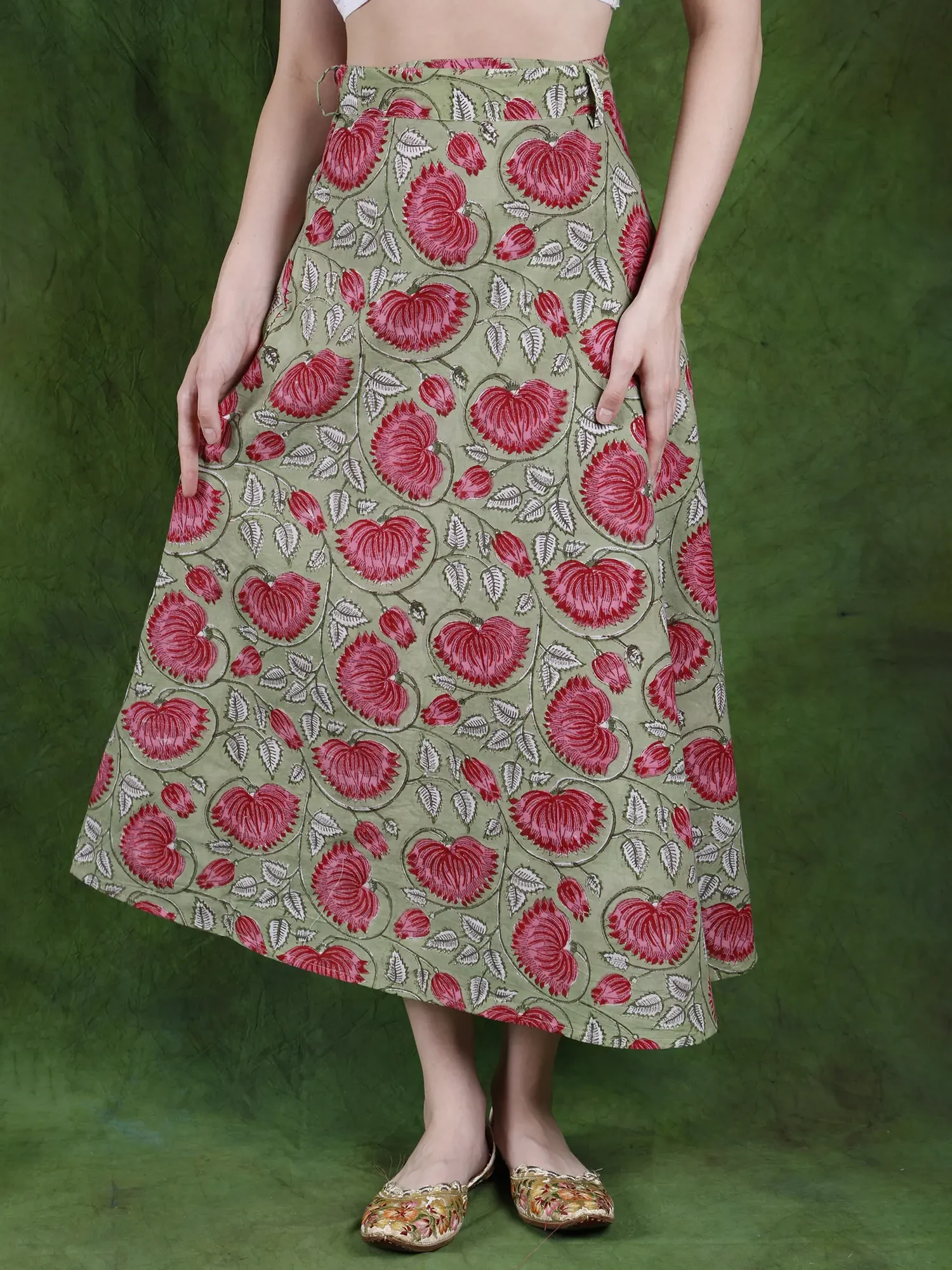 Laurel-Green Wrap Around Long Skirt with Printed Lotuses