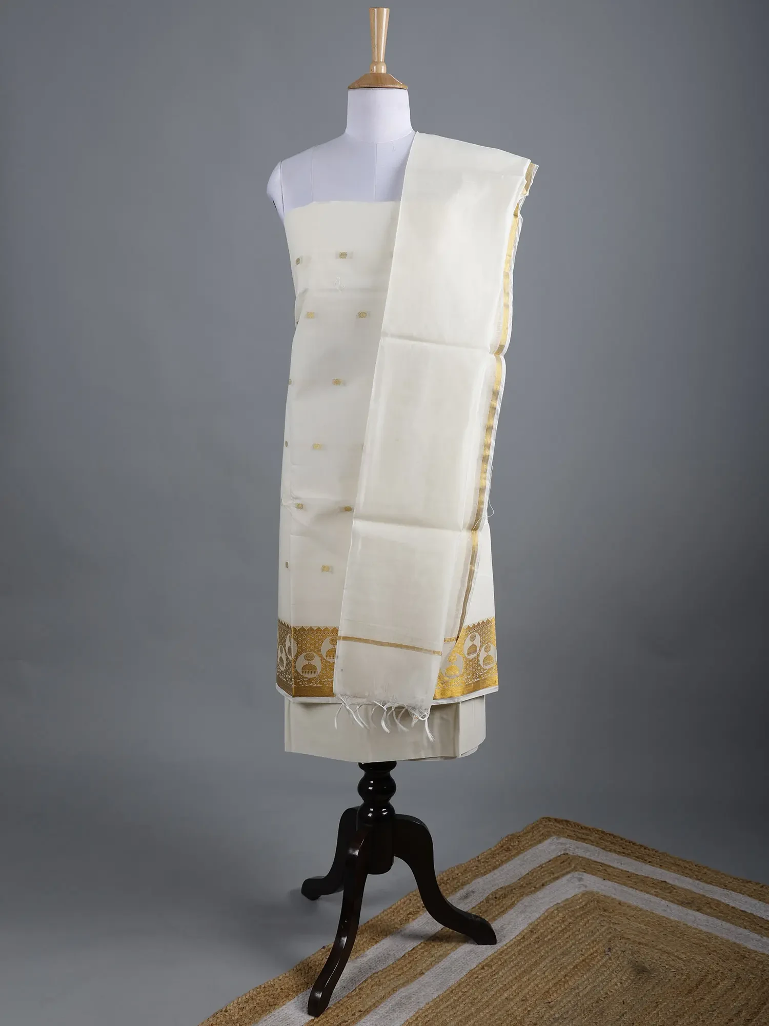 Ivory Three Piece Pure Cotton Kasavu Salwar Kameez from Kerala with Zari Woven Bootis