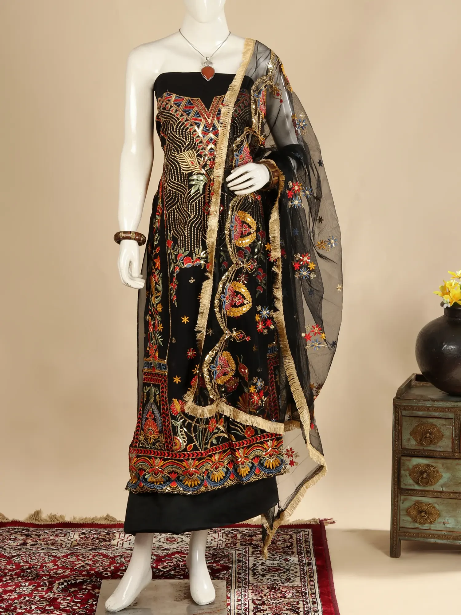 Black-Beauty Georgette Salwar Suit Fabric with Net Dupatta and Zari & Sequined Floral Embroidery