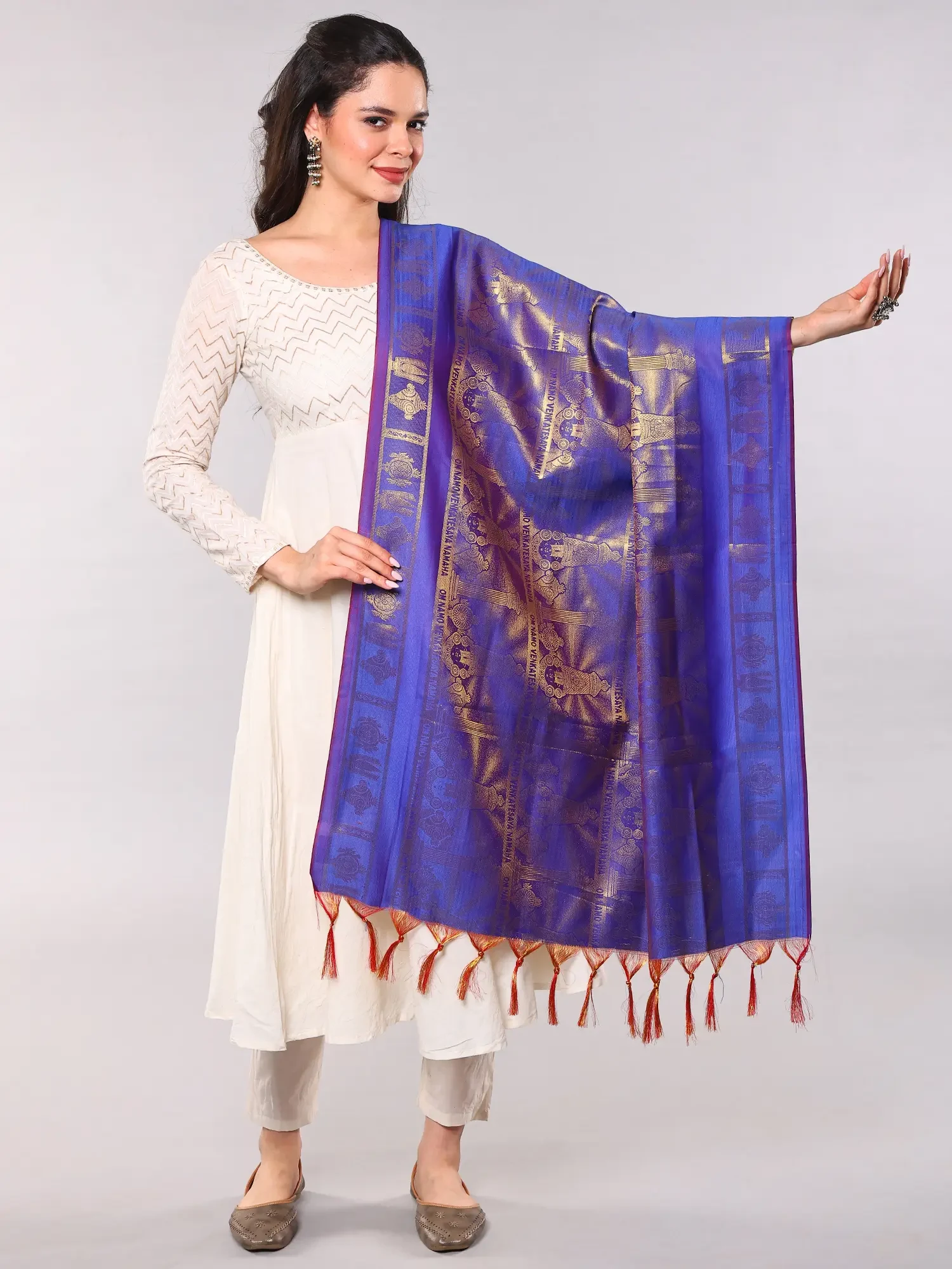 Venkateswar Brocaded Prayer Shawl from Tamil Nadu with Woven Om Namo Venkatesaya Namaha Mantra and Vaishnava Symbols
