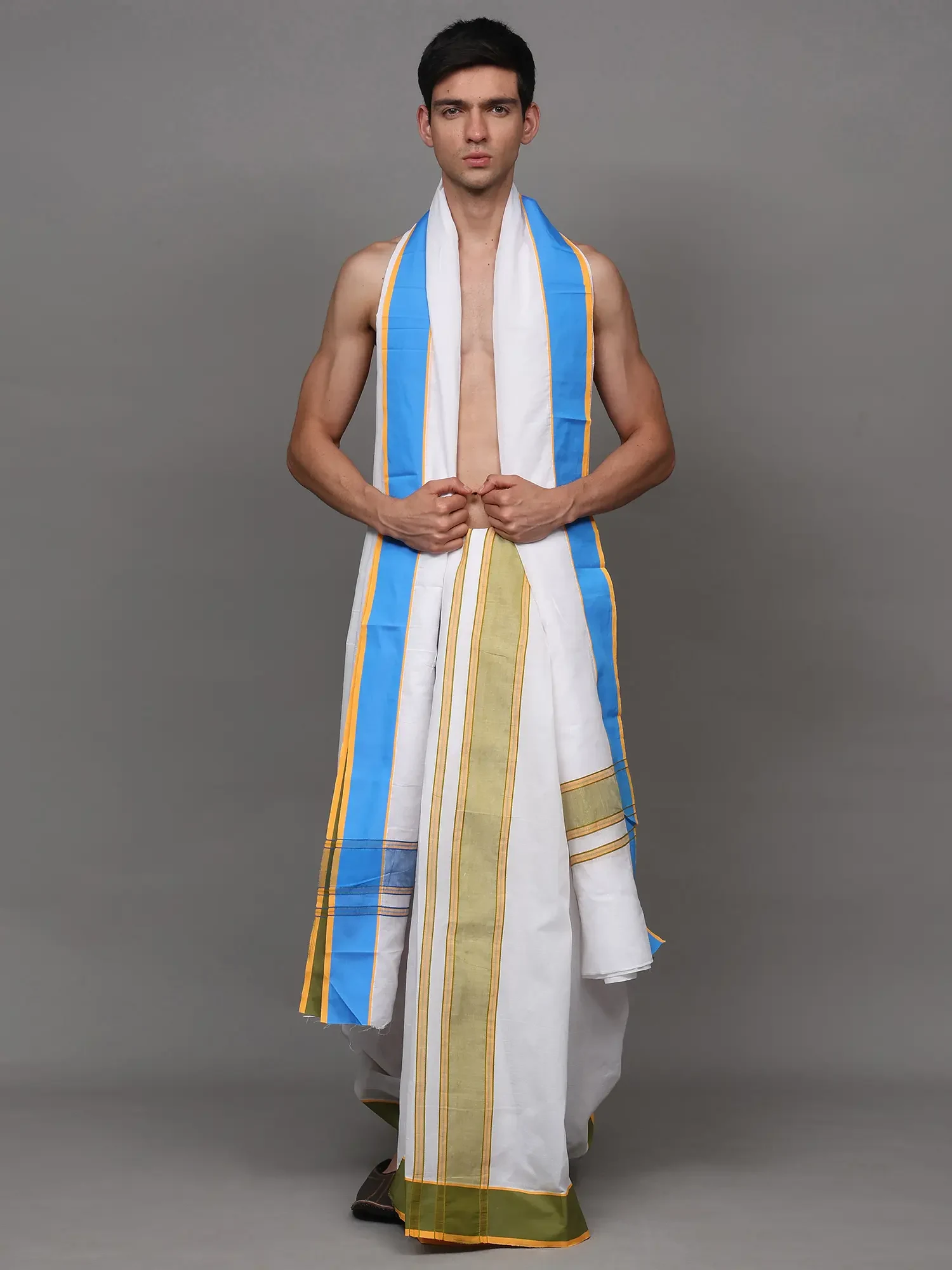 Bright-White Traditional Dhoti with Angavastram Set and Contrast Stripes Border