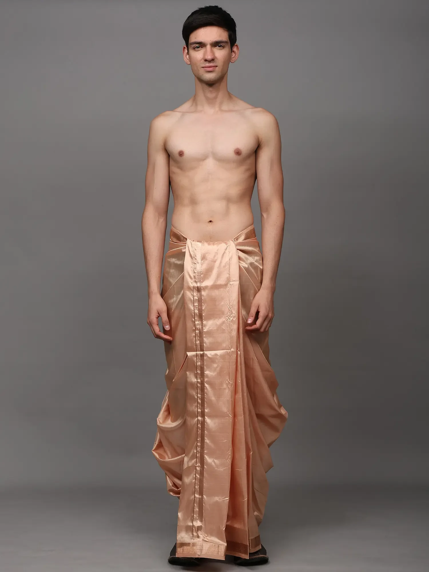 Toasted-Almond Pure Silk Handloom Drape Dhoti with Copper Colored Thread work Border