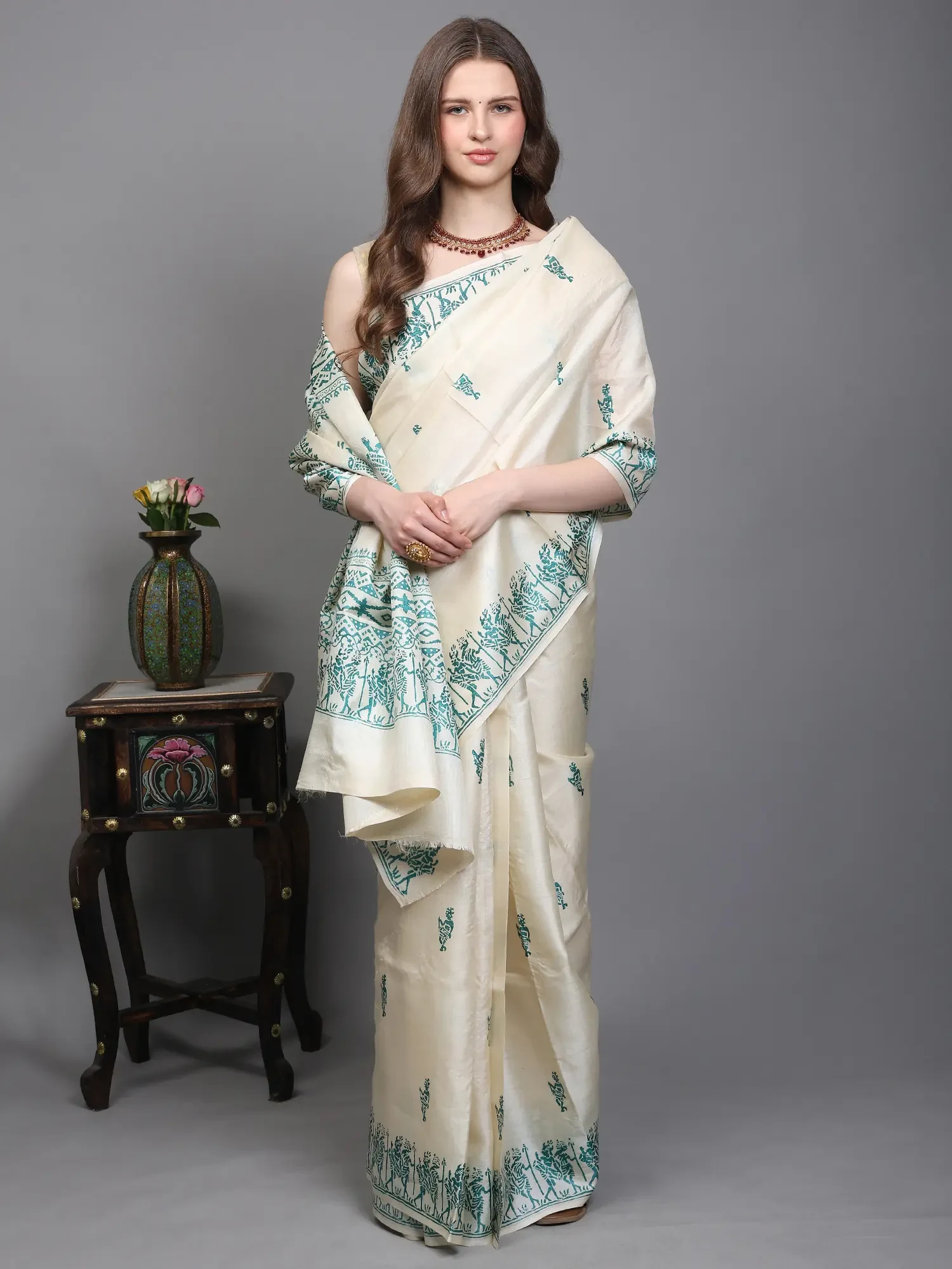 Kosa Tussar Silk Saree with Hand Block Printed Tribal Drummer Figures from Bengal