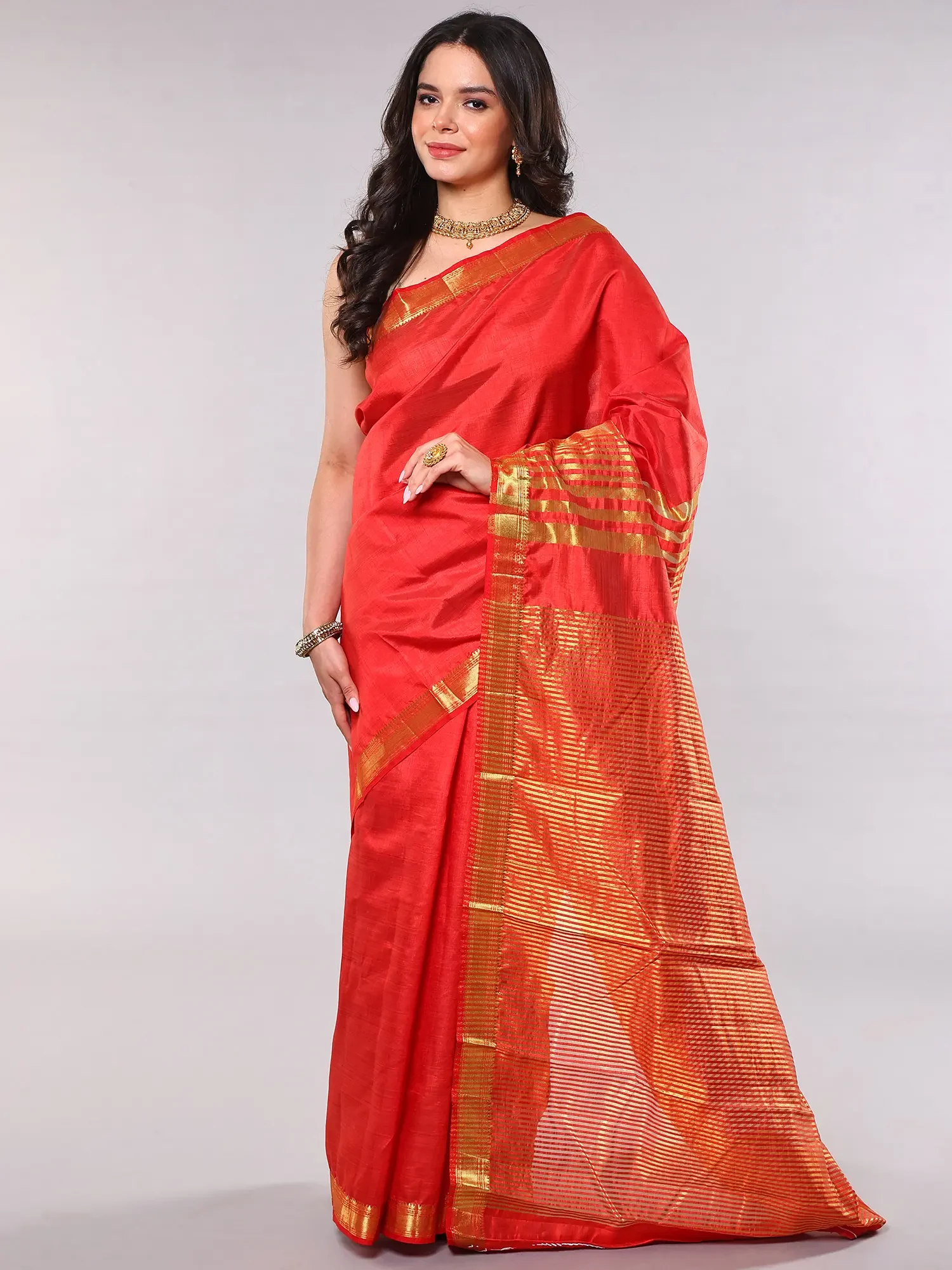 Tussar Silk Saree with Temple Border with Golden Thread woven Stripes on Anchal