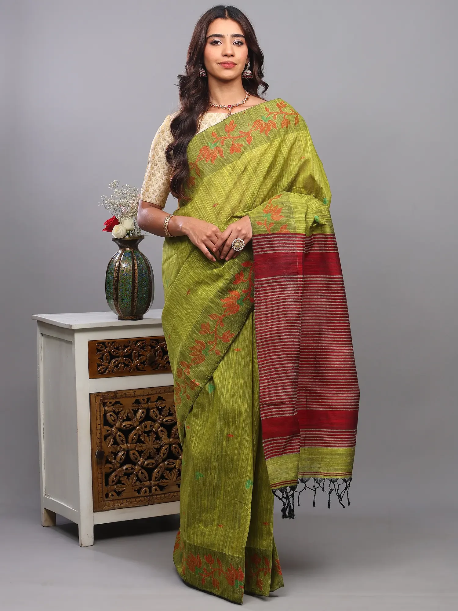 Grenoble-Green Stripes Tangail Saree from Bengal with Woven Lotuses Vine Border