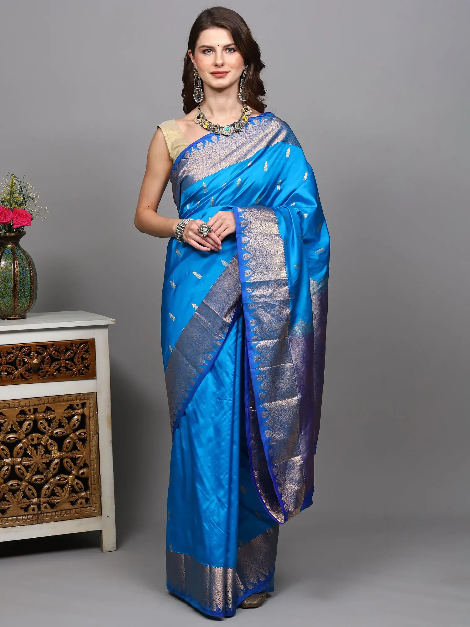 Blue-Aster Pure Silk Handloom Saree with Intricate Golden Zari woven Bootis and Floral Border from Bangalore