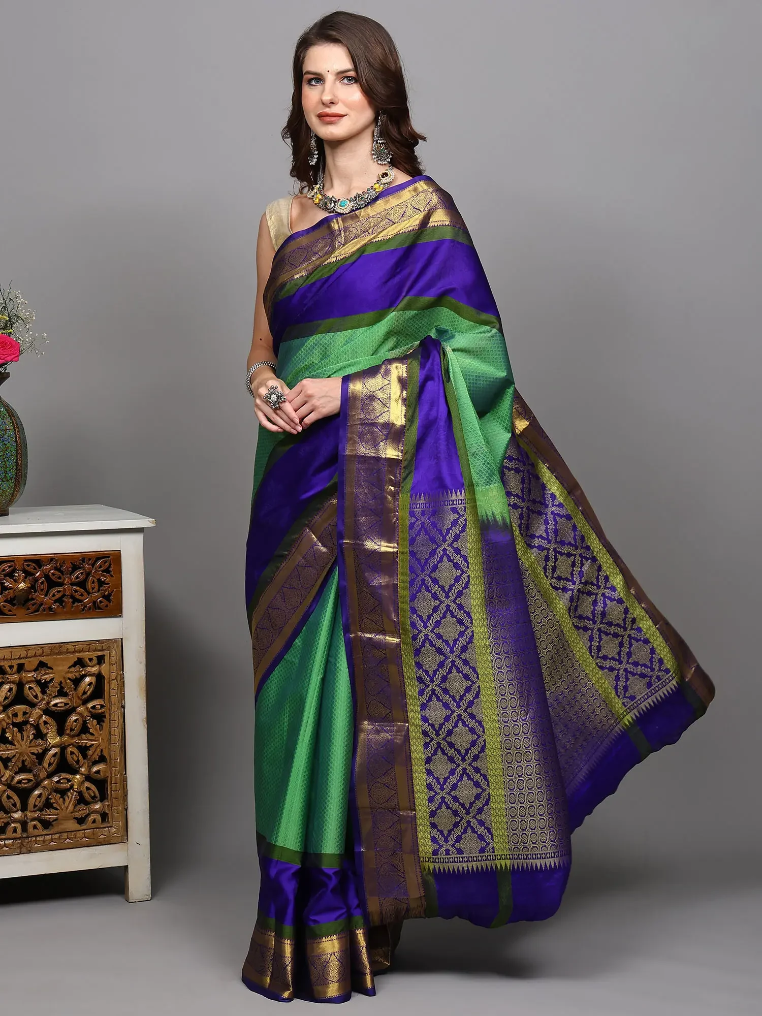 Vibrant-Green Pure Silk Saree from Bangalore with Golden Thread woven Contrast Wide Border