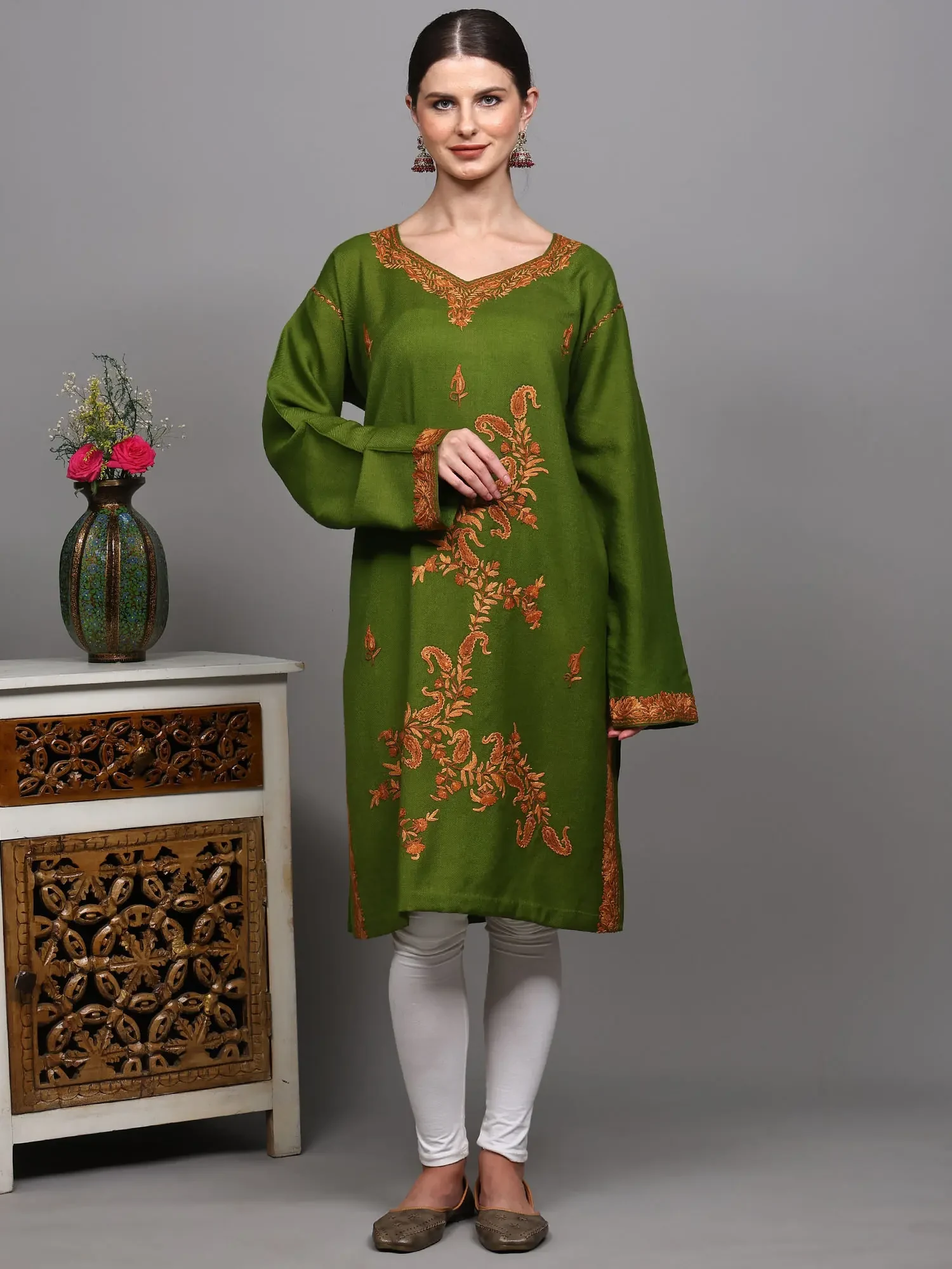 Calliste-Green Phiran with Aari Embroidered Paisleys Vine from Srinagar