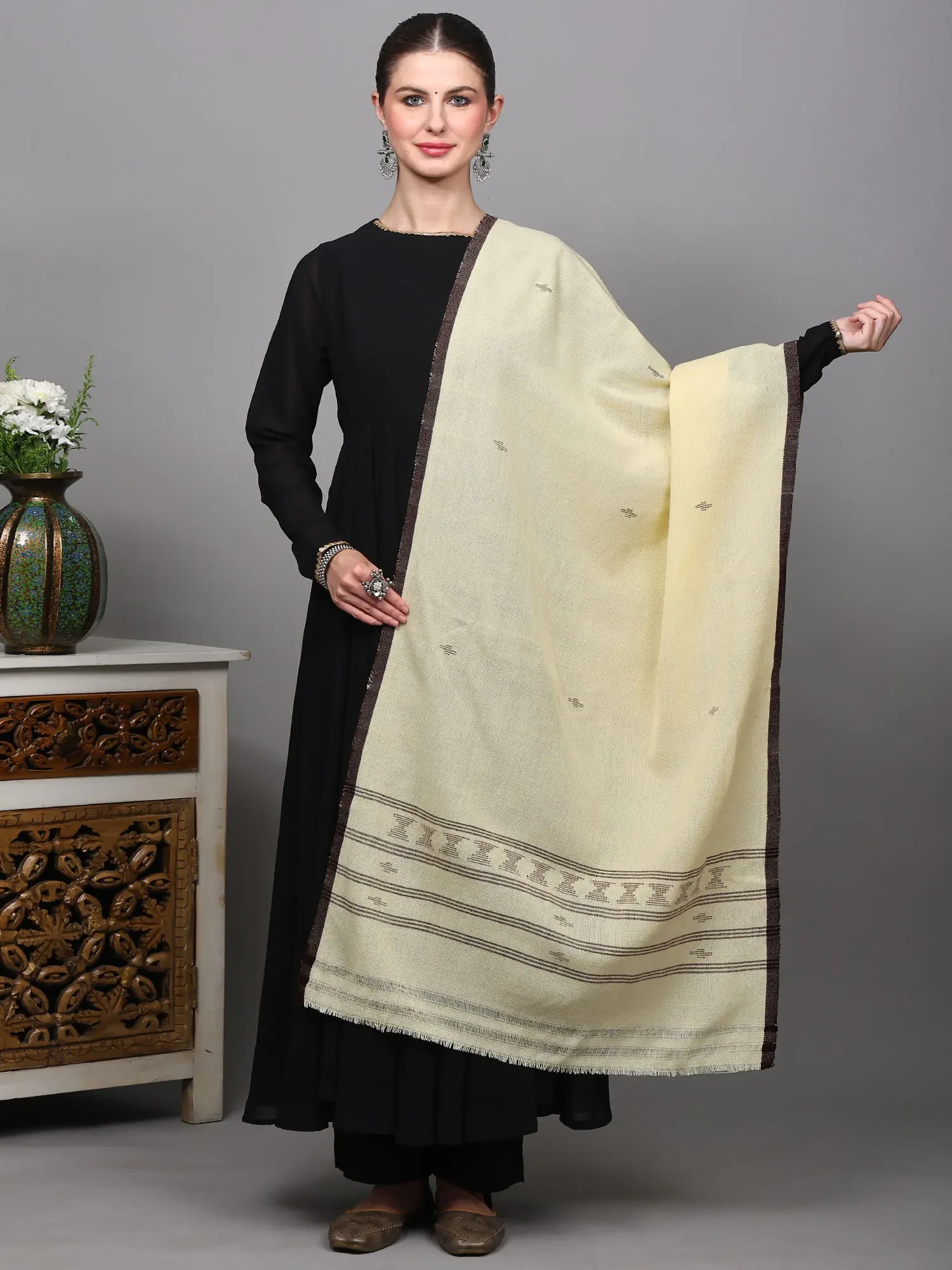 Pastel-Yellow Kutch Stole with Woven Bootis and Stripes Border